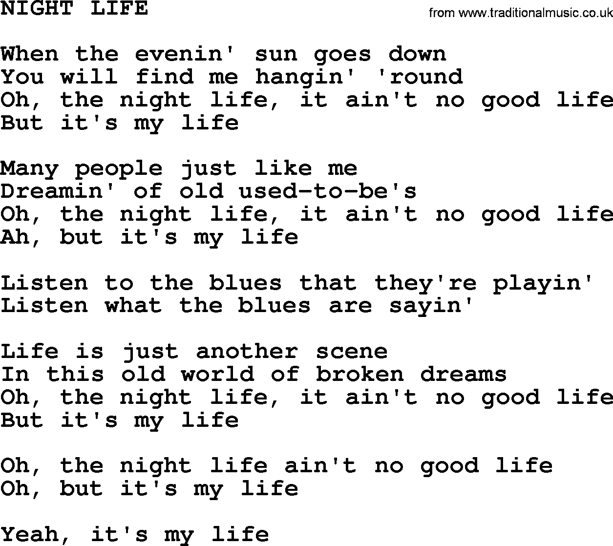 Kris Kristofferson song: Night Life lyrics