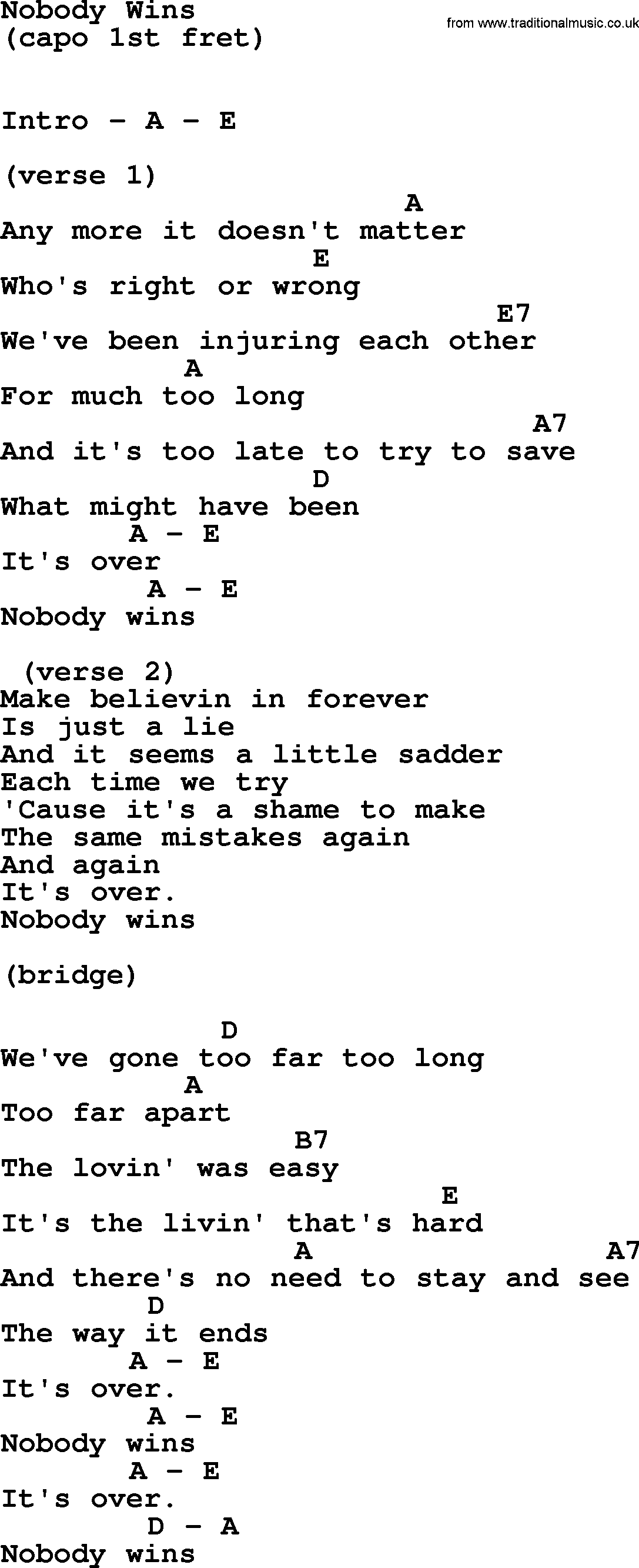 Kris Kristofferson song: Nobody Wins lyrics and chords