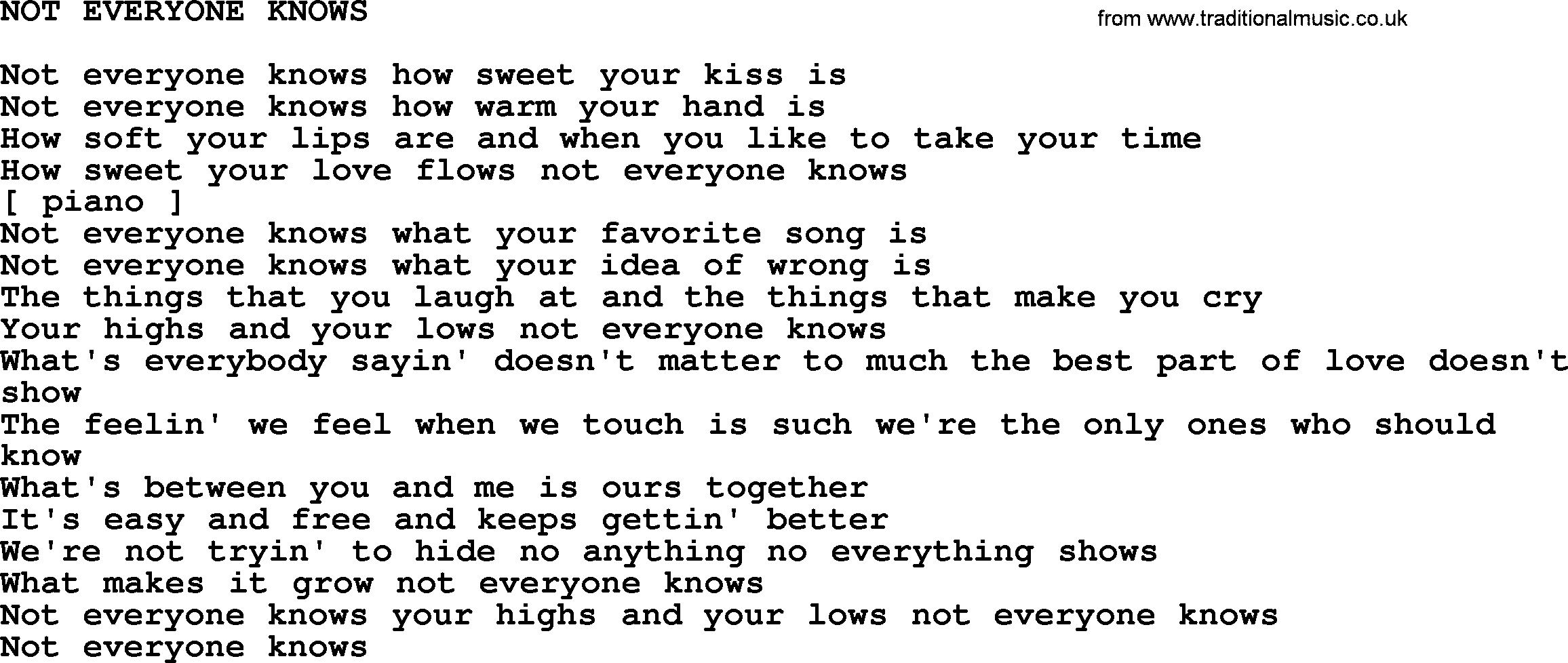 Kris Kristofferson song: Not Everyone Knows lyrics