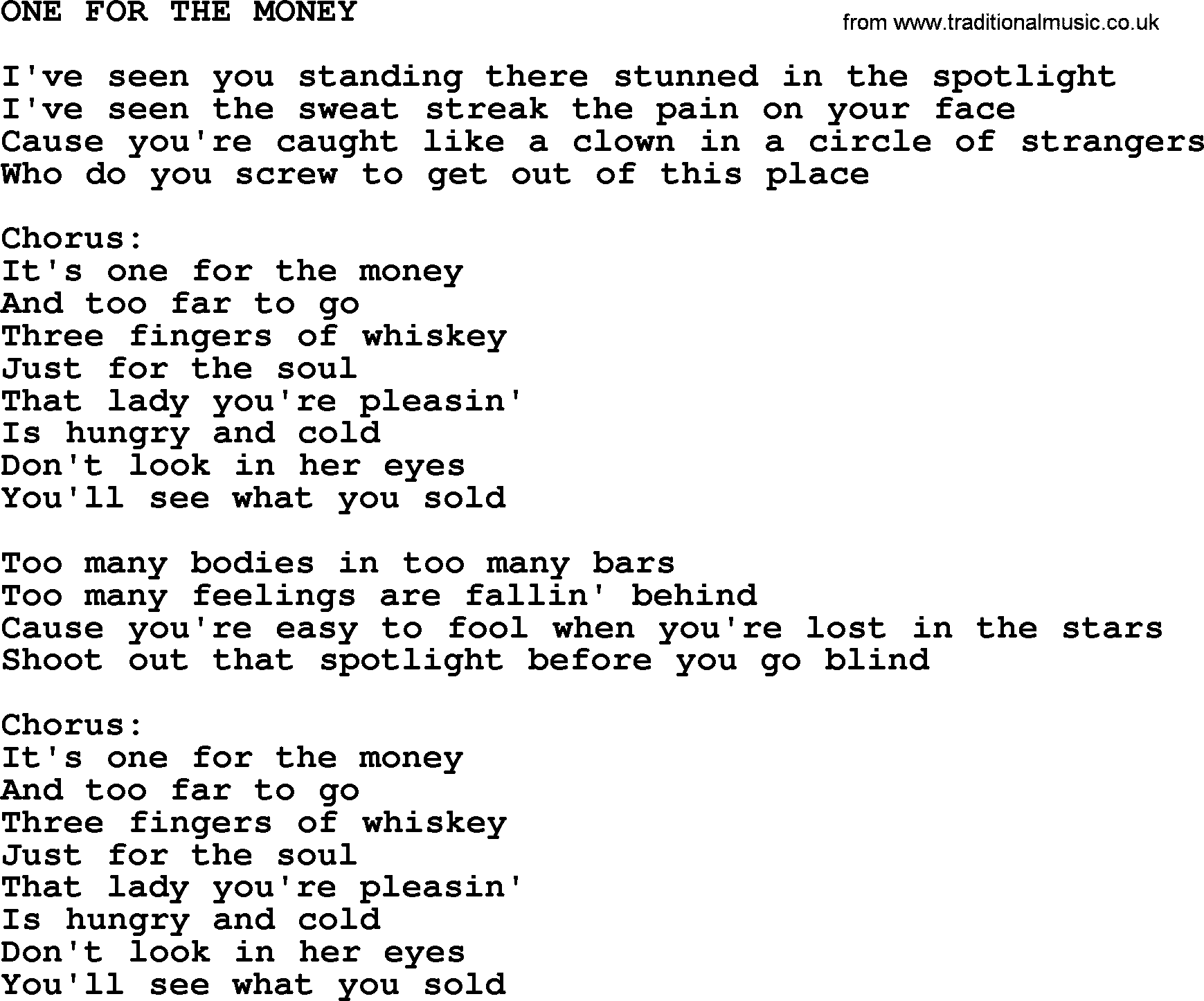 Kris Kristofferson song: One For The Money lyrics
