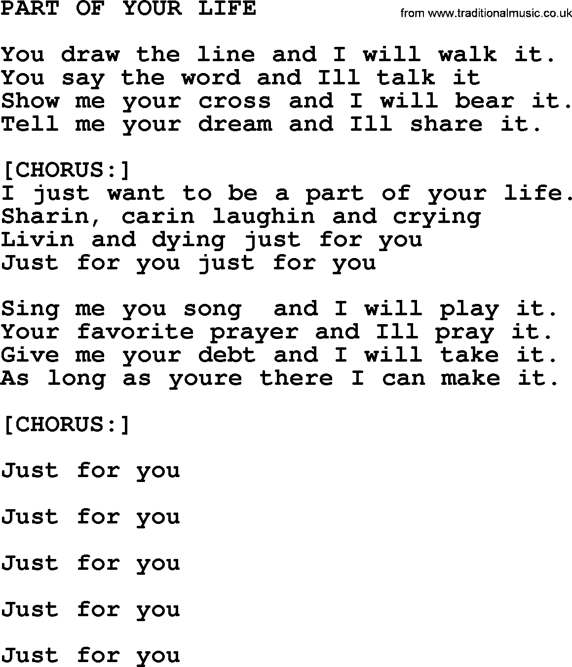 Kris Kristofferson song: Part Of Your Life lyrics