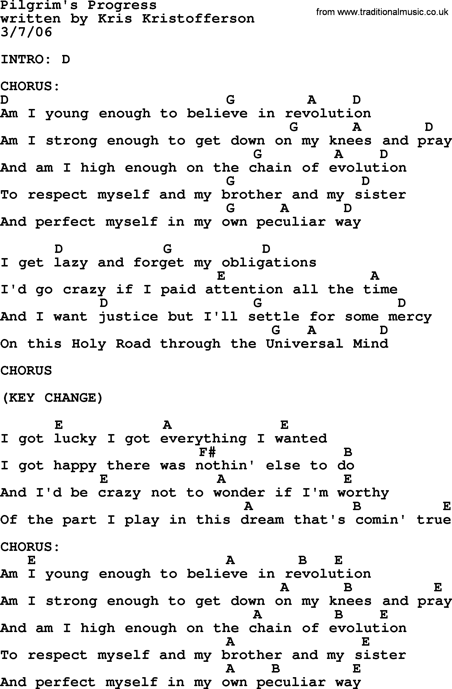 Kris Kristofferson song: Pilgrim's Progress lyrics and chords