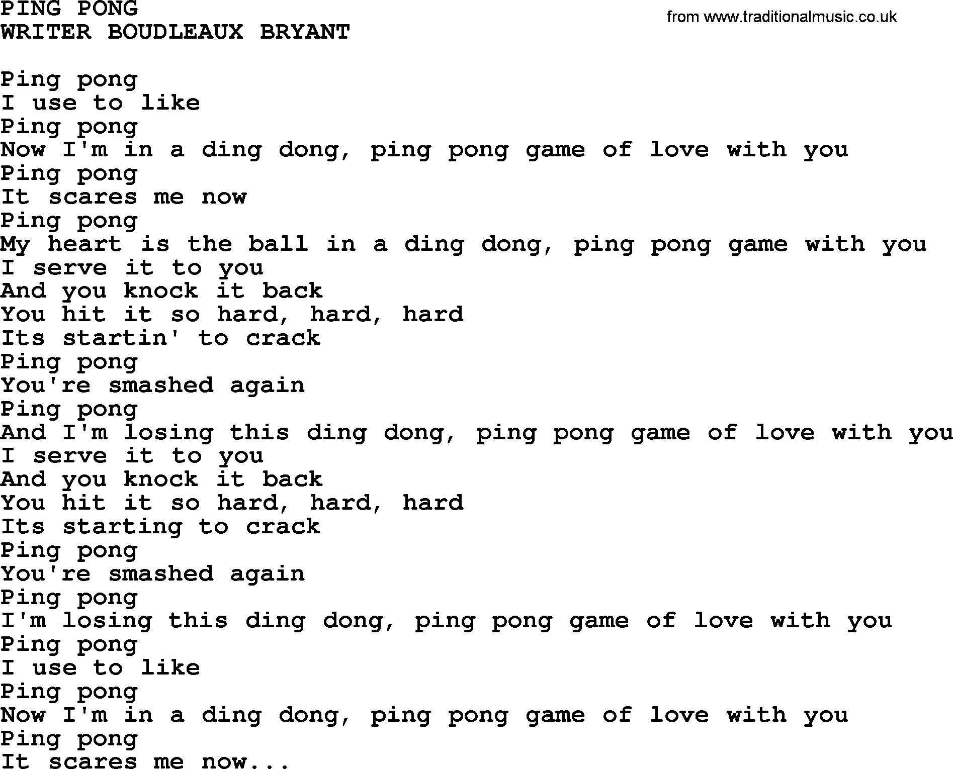 Kris Kristofferson song: Ping Pong lyrics