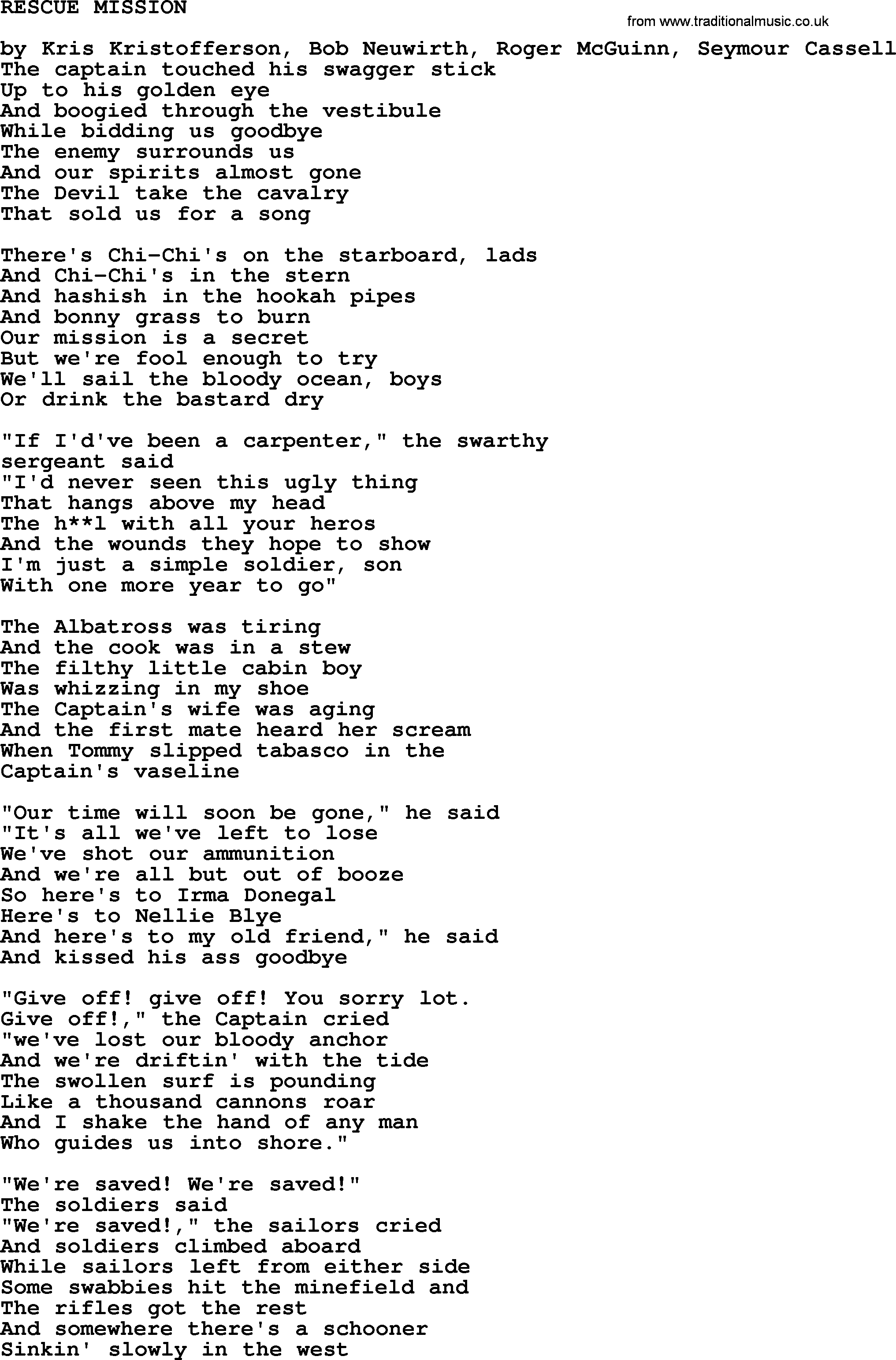 Kris Kristofferson song: Rescue Mission lyrics