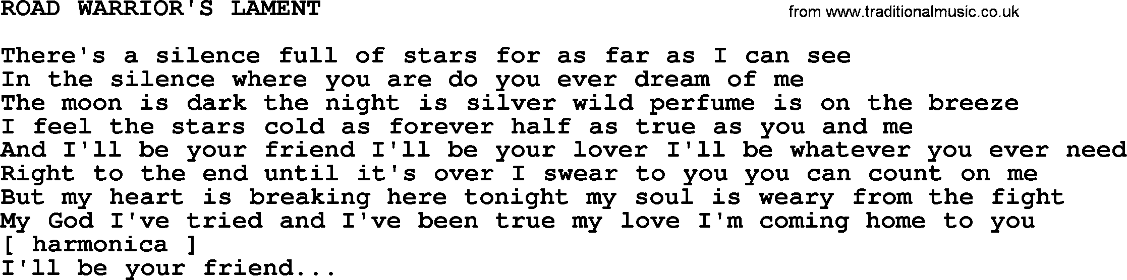 Kris Kristofferson song: Road Warrior's Lament lyrics