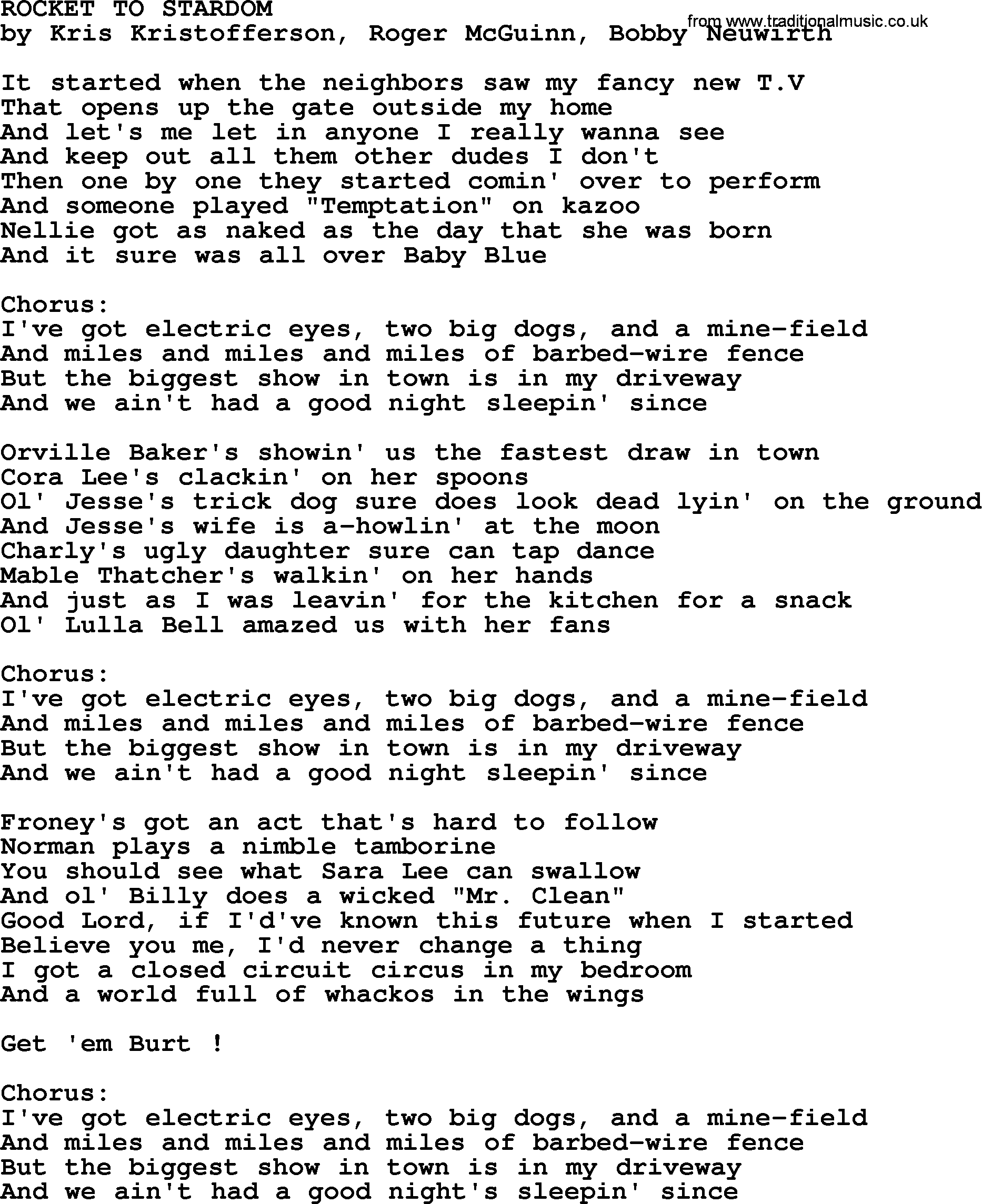 Kris Kristofferson song: Rocket To Stardom lyrics