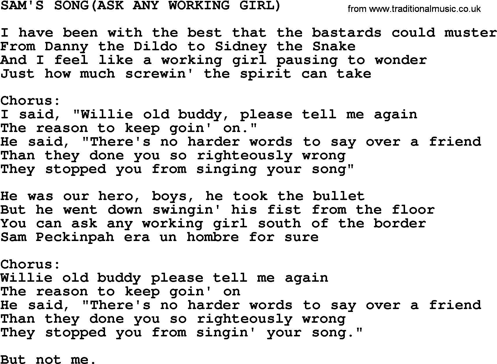 Kris Kristofferson song: Sam's Song(ask Any Working Girl) lyrics
