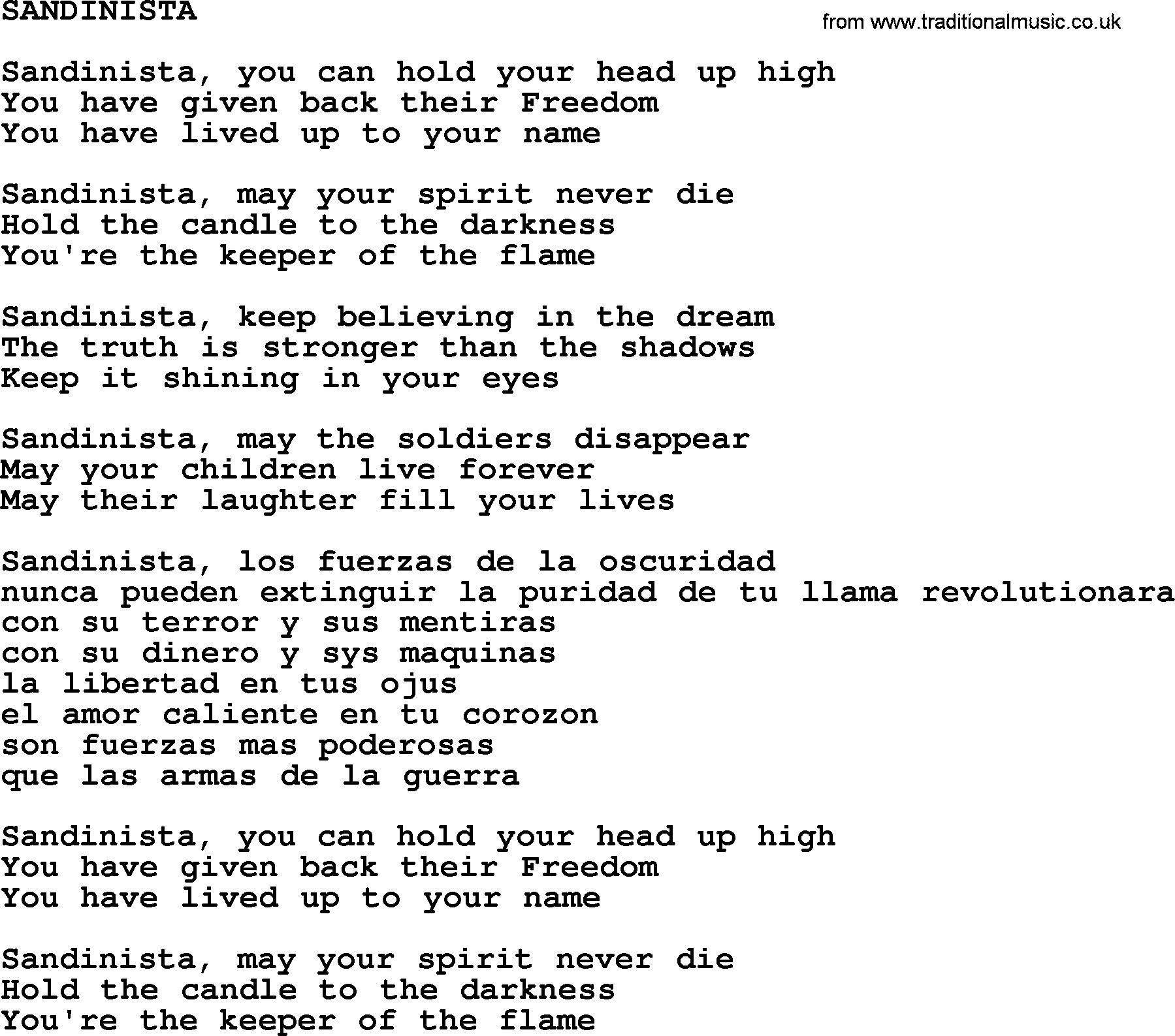 Kris Kristofferson song: Sandinista lyrics