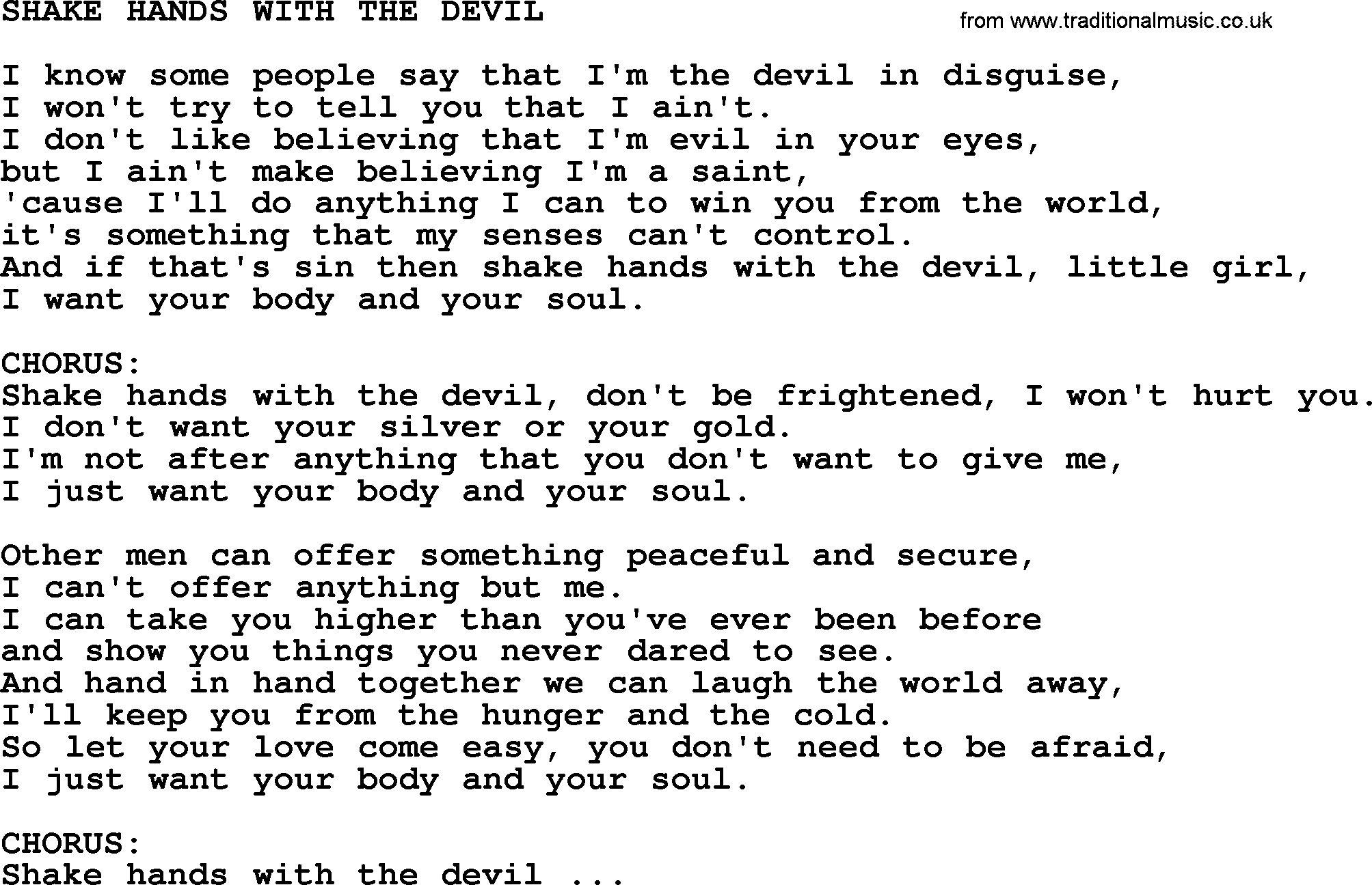 Kris Kristofferson song: Shake Hands With The Devil lyrics