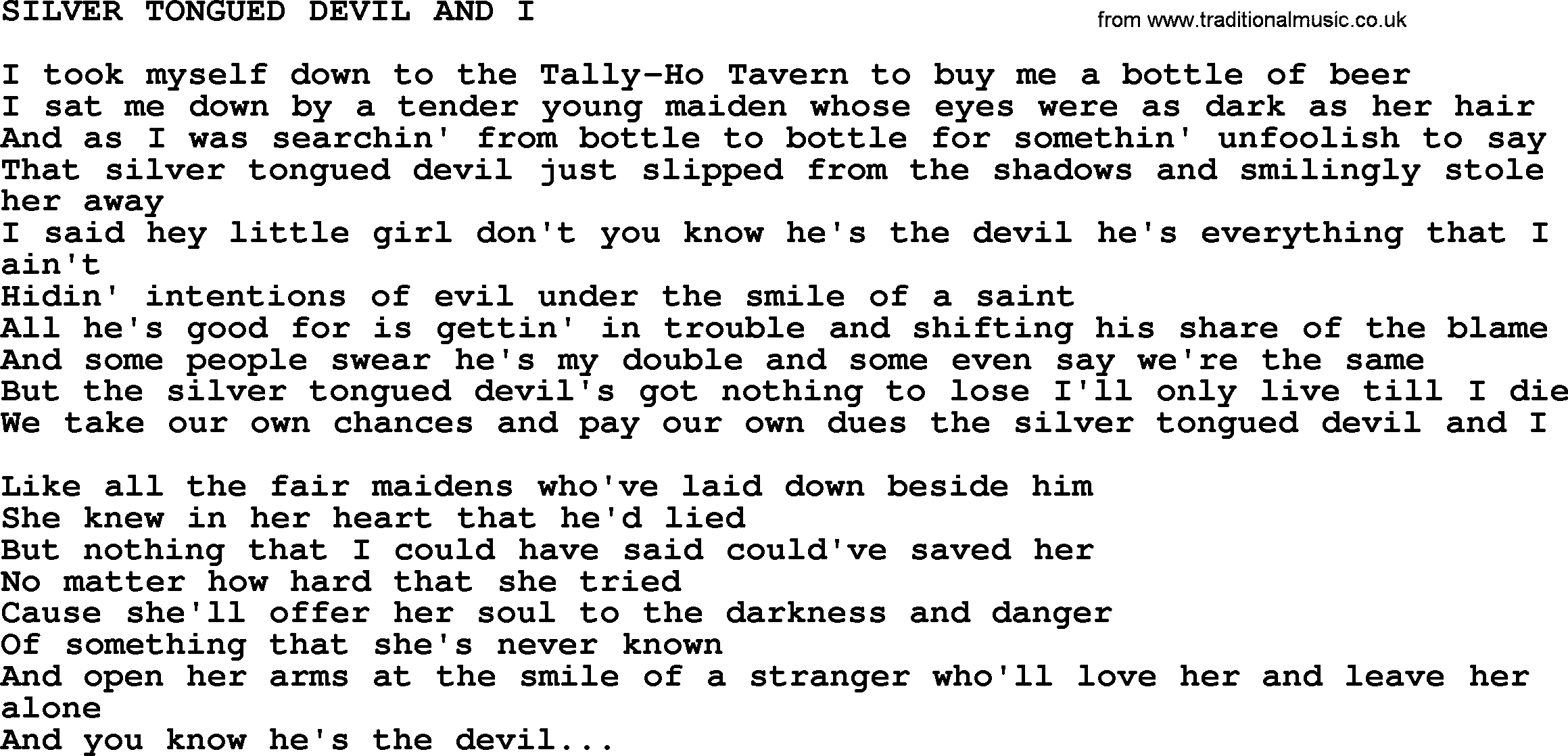 Kris Kristofferson song: Silver Tongued Devil And I lyrics