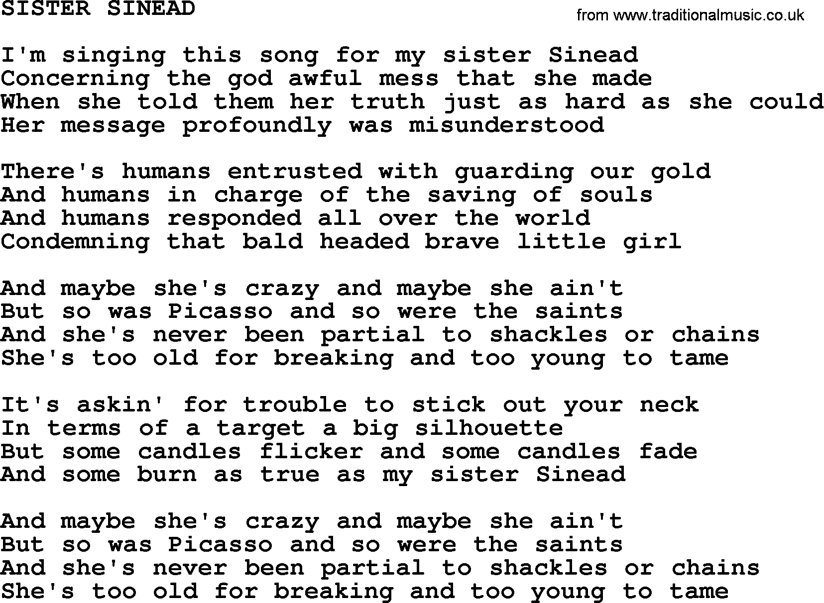 Kris Kristofferson song: Sister Sinead lyrics