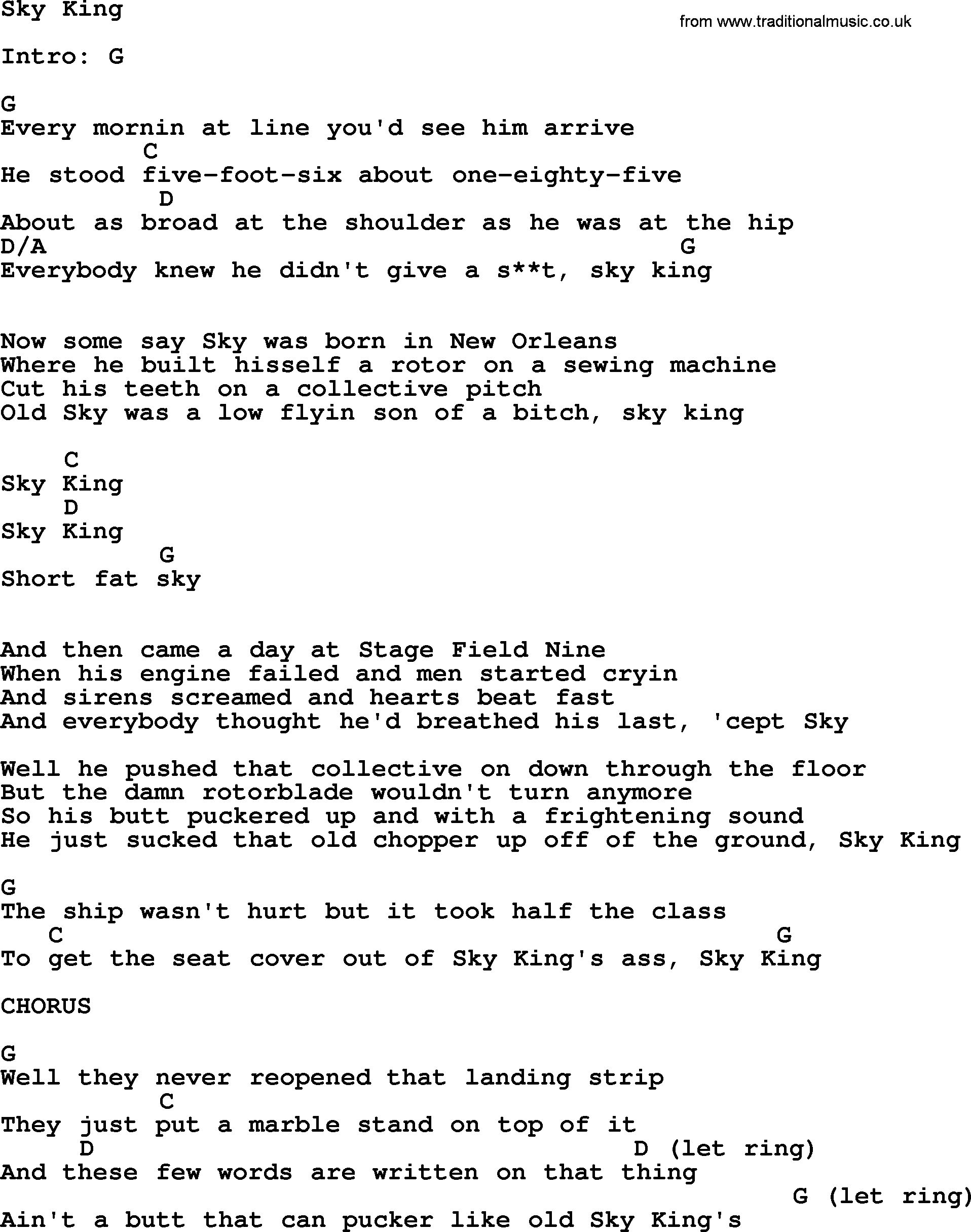 Kris Kristofferson song: Sky King lyrics and chords