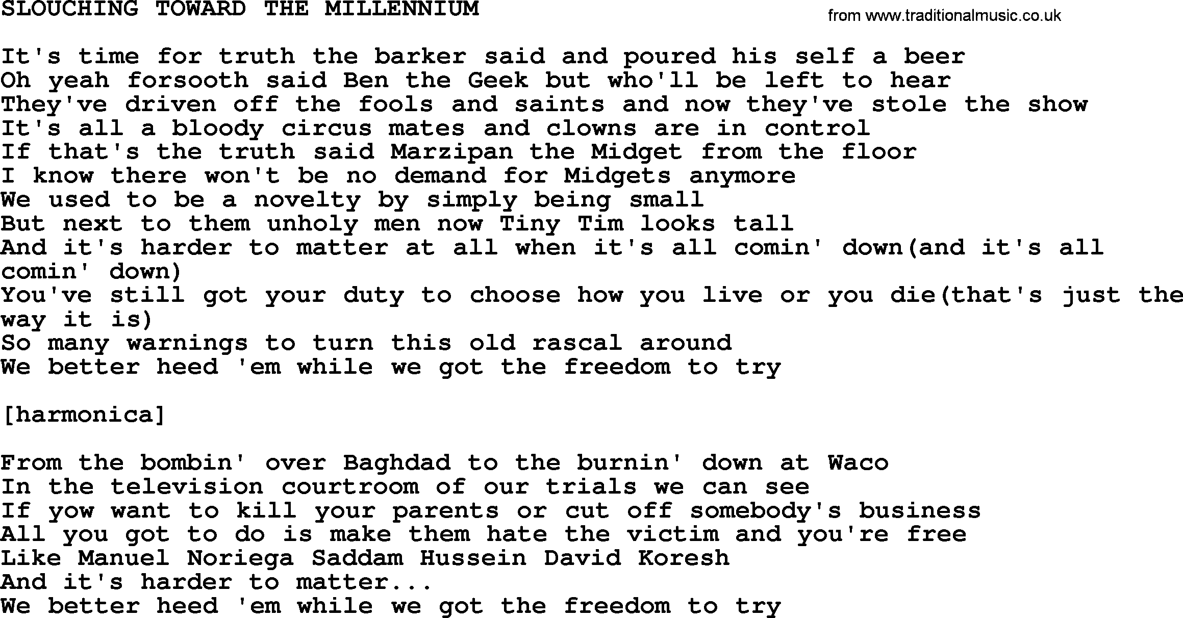 Kris Kristofferson song: Slouching Toward The Millenium lyrics