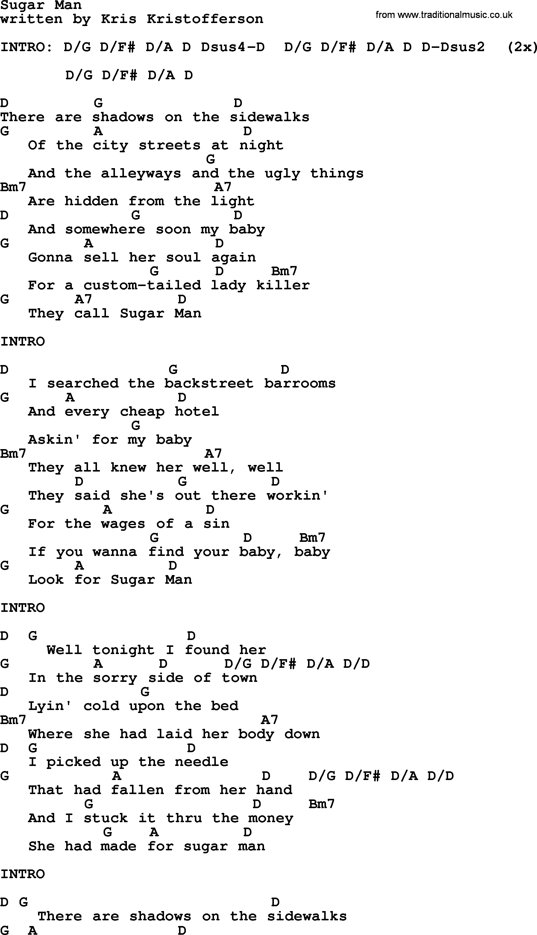Kris Kristofferson song: Sugar Man lyrics and chords