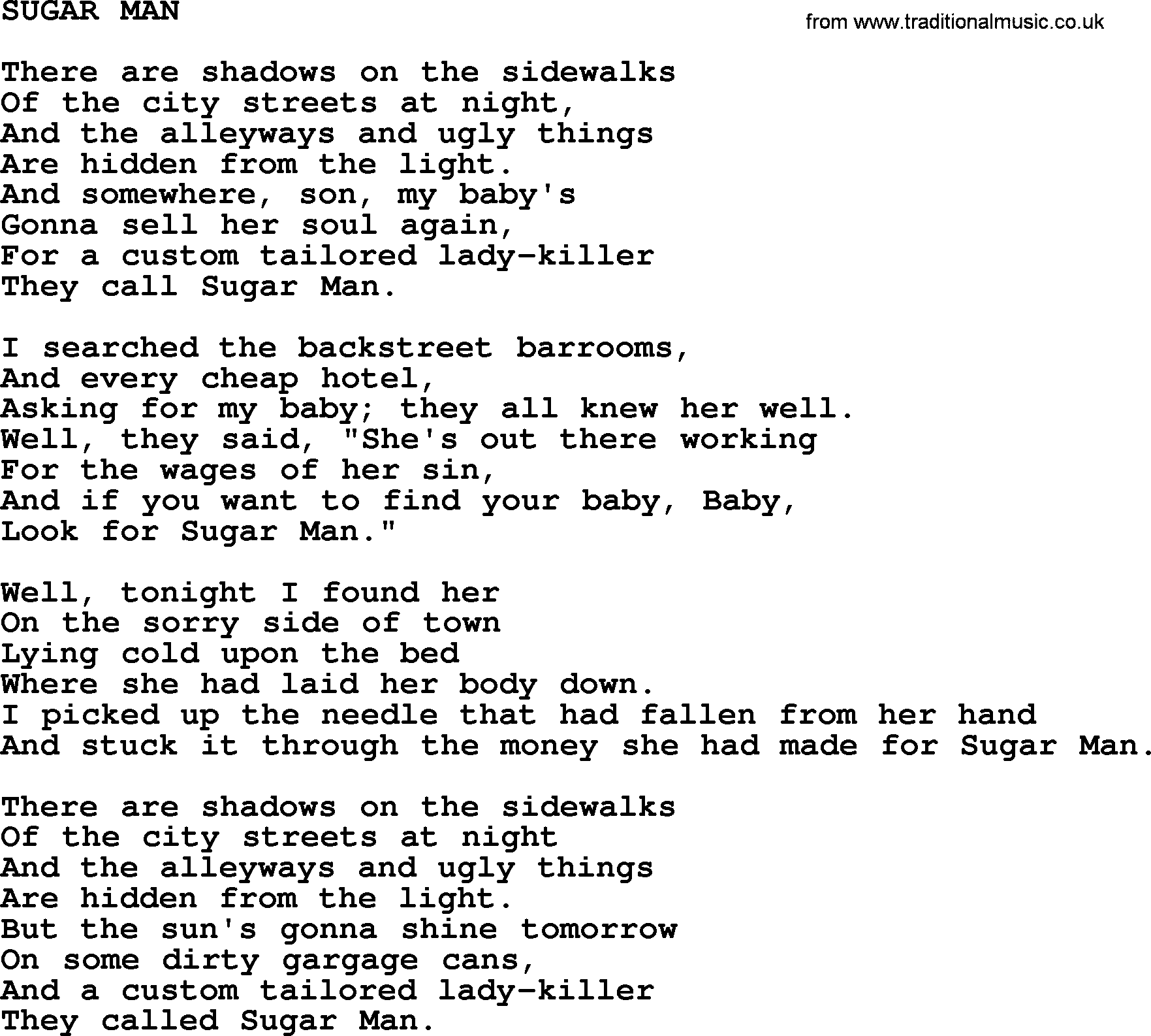 Kris Kristofferson song: Sugar Man lyrics