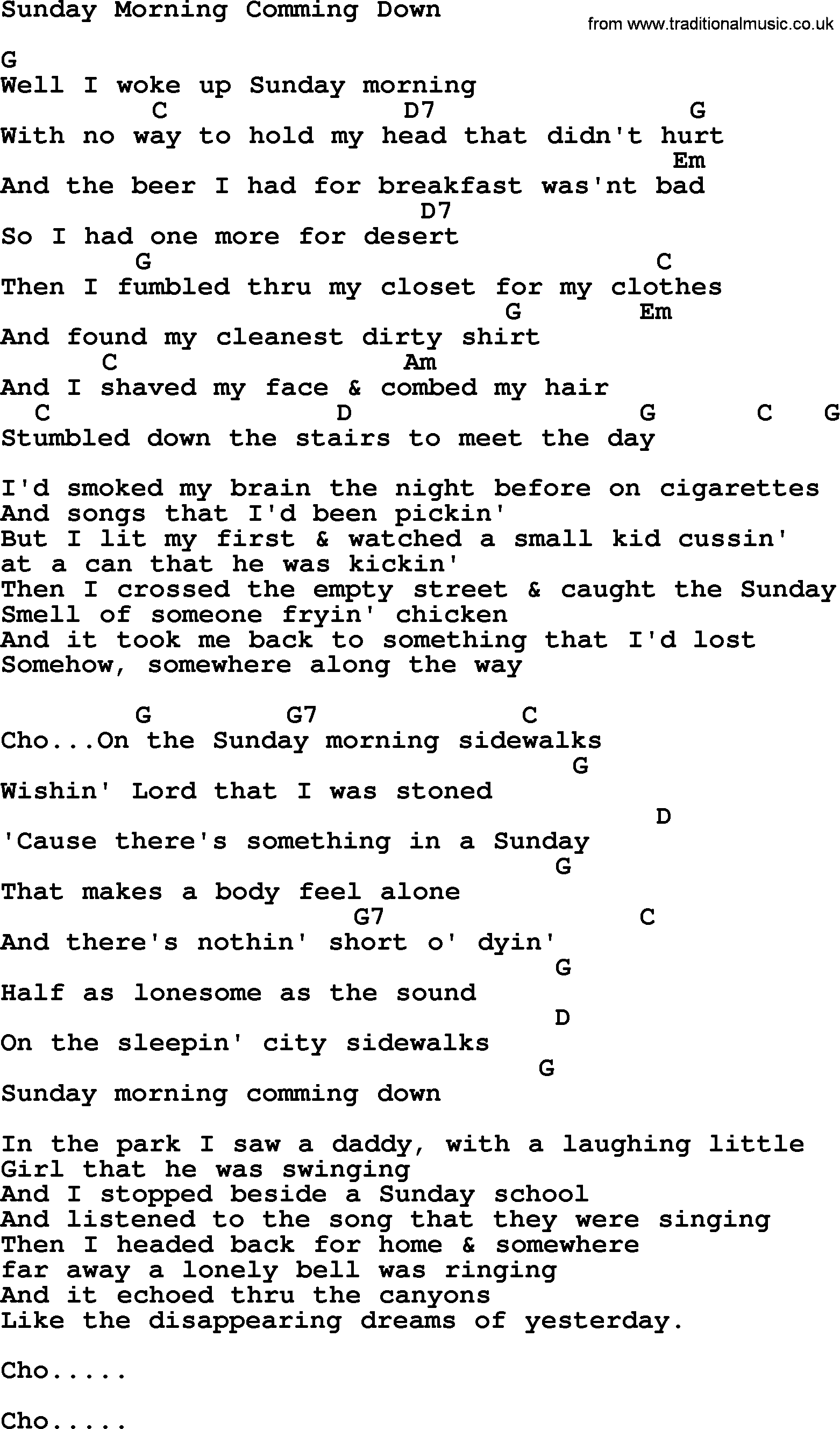 Kris Kristofferson song: Sunday Morning Comming Down lyrics and chords