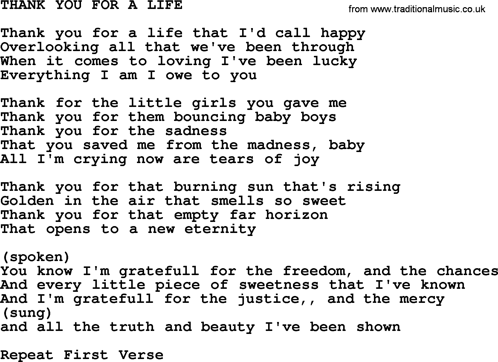 Kris Kristofferson song: Thank You For A Life lyrics