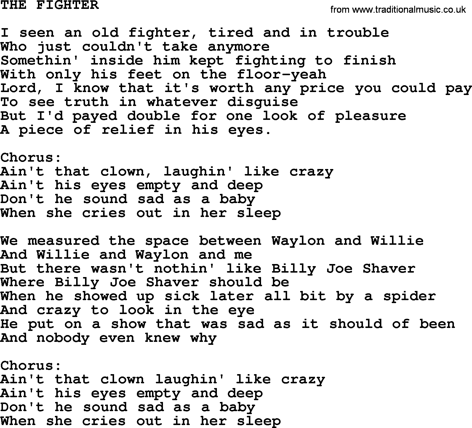 Kris Kristofferson song: The Fighter lyrics
