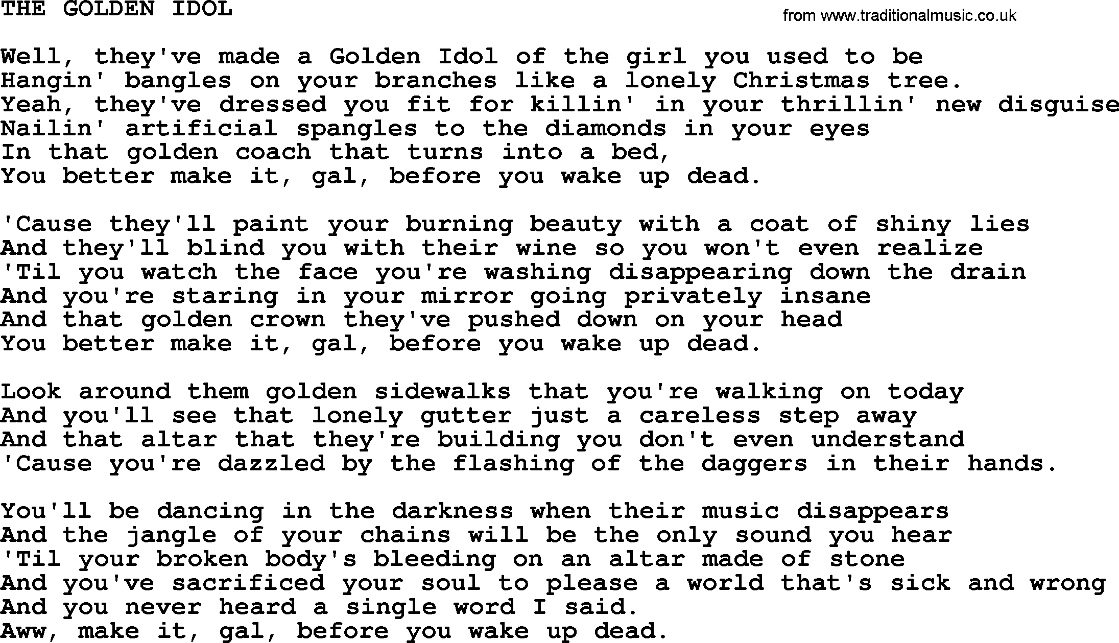 Kris Kristofferson song: The Golden Idol lyrics