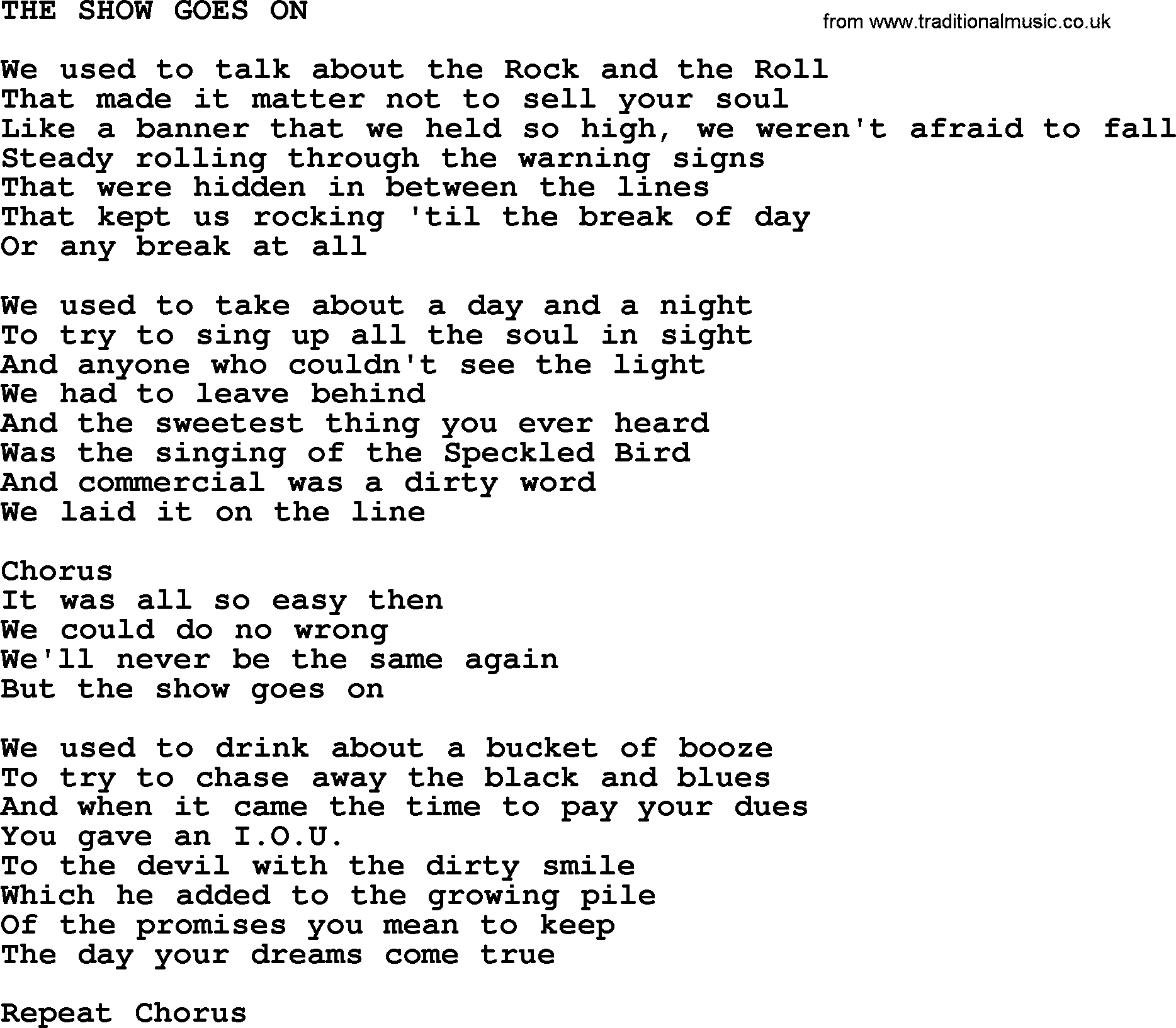 Kris Kristofferson song: The Show Goes On lyrics