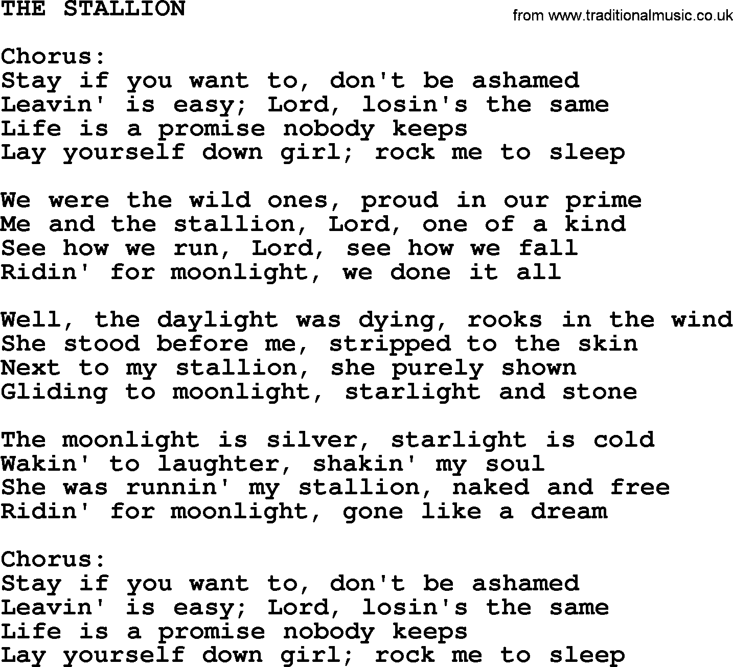 Kris Kristofferson song: The Stallion lyrics