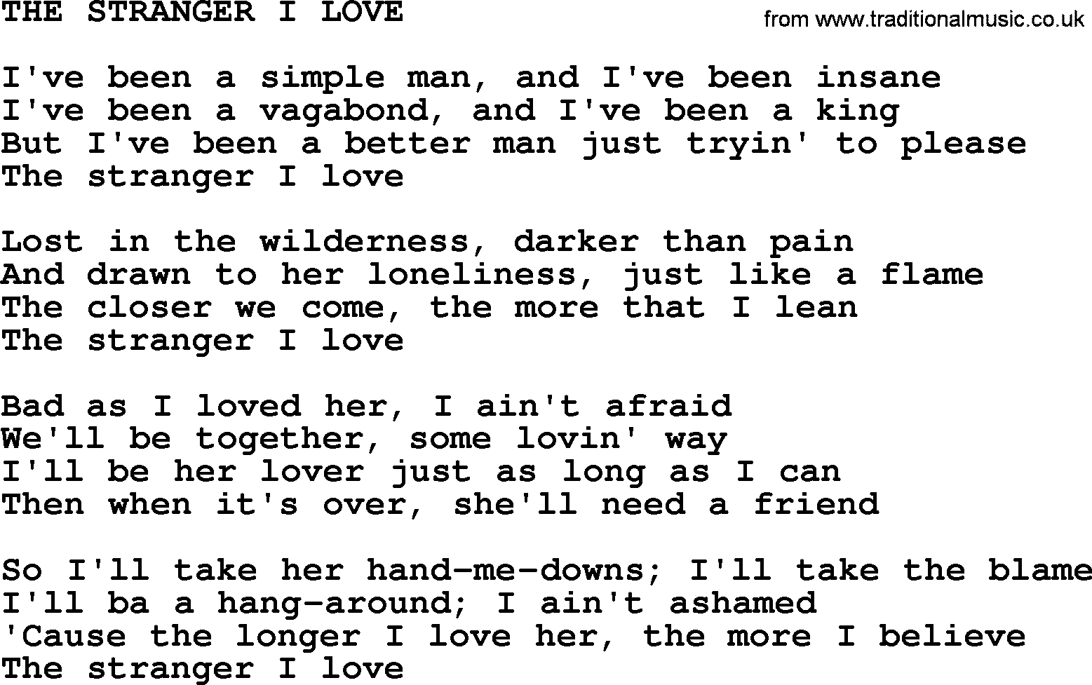 Kris Kristofferson song: The Stranger I Love lyrics