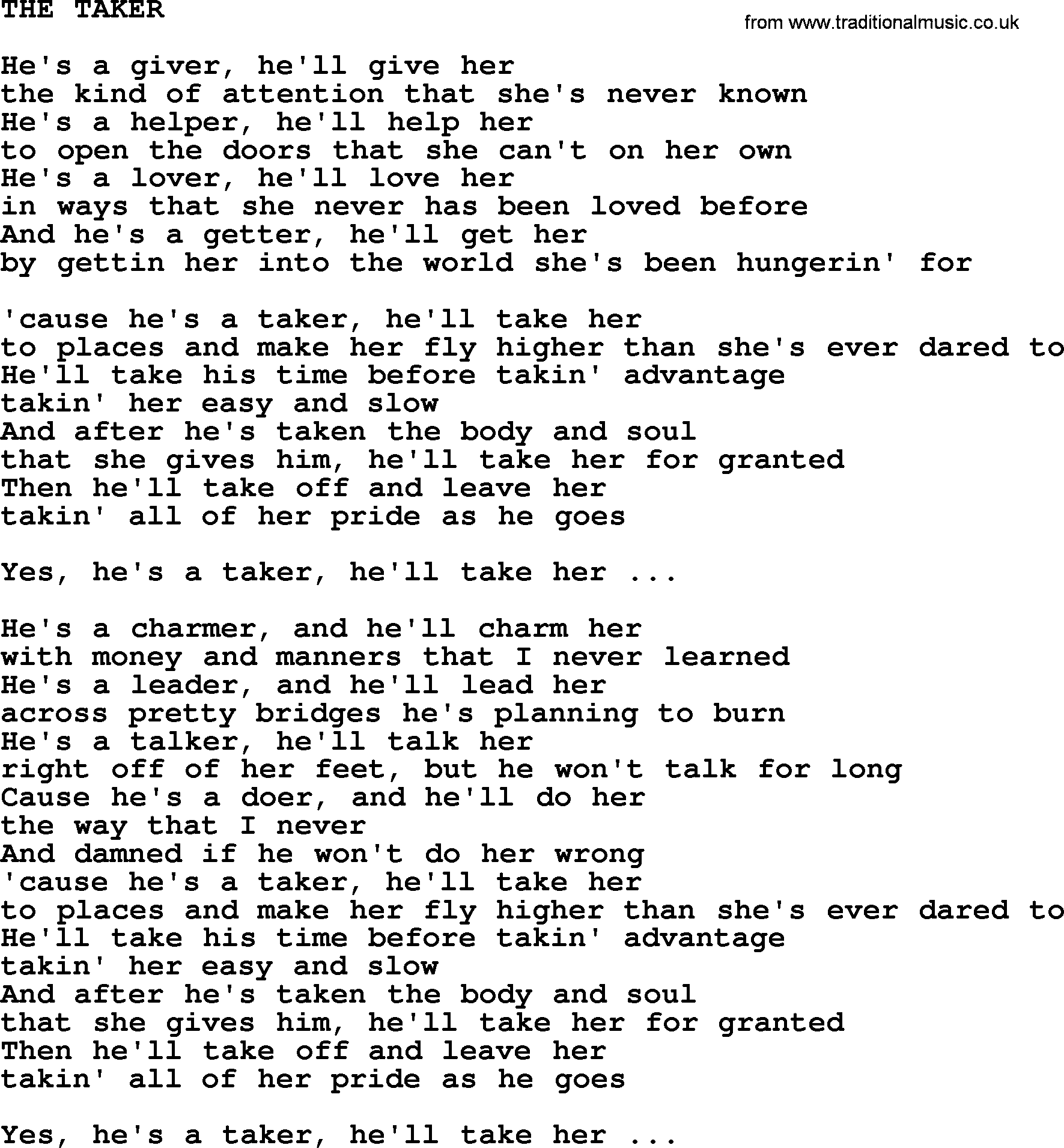 Kris Kristofferson song: The Taker lyrics