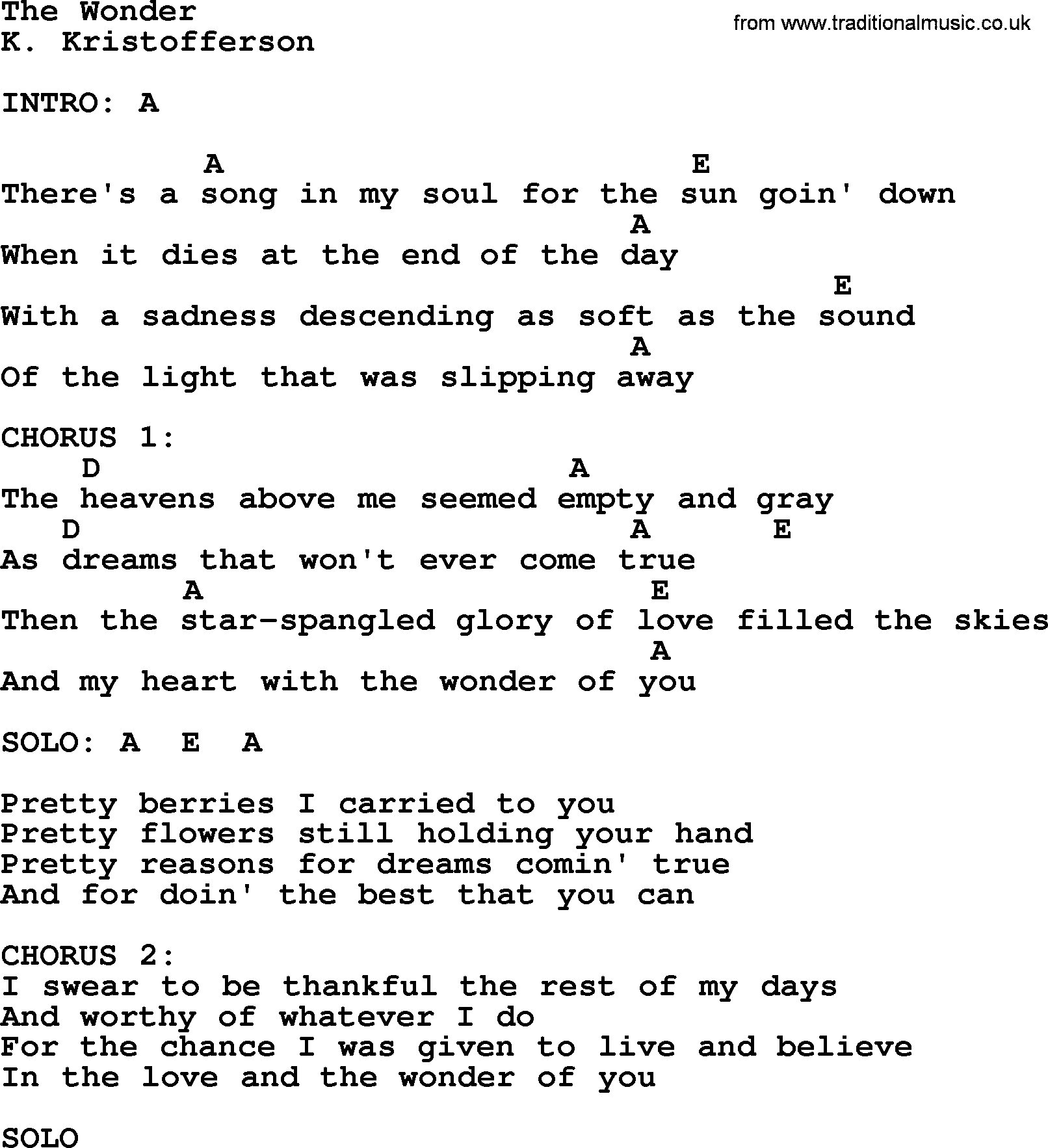 Kris Kristofferson song: The Wonder lyrics and chords