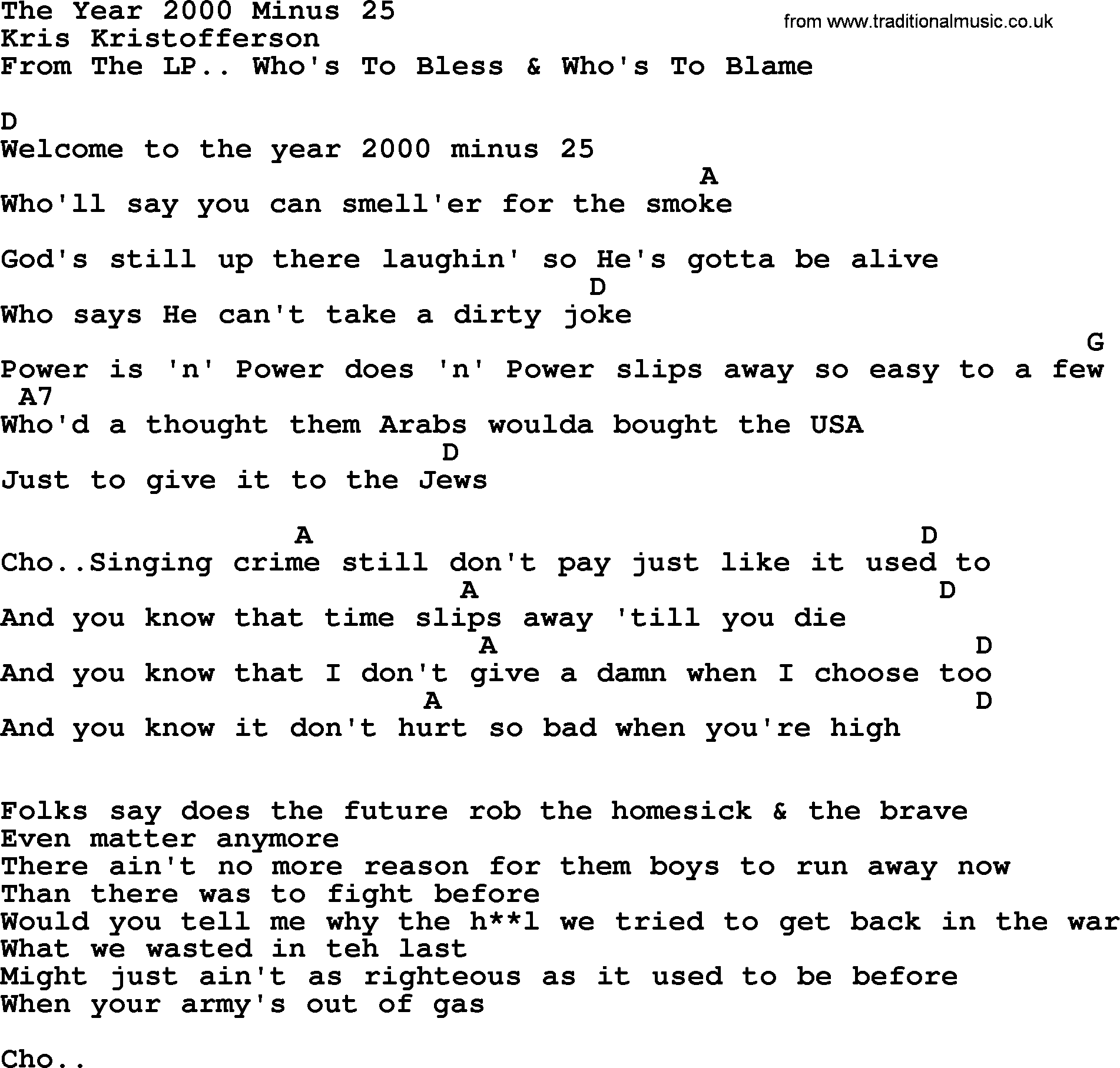 Kris Kristofferson song: The Year 2000 Minus 25 lyrics and chords