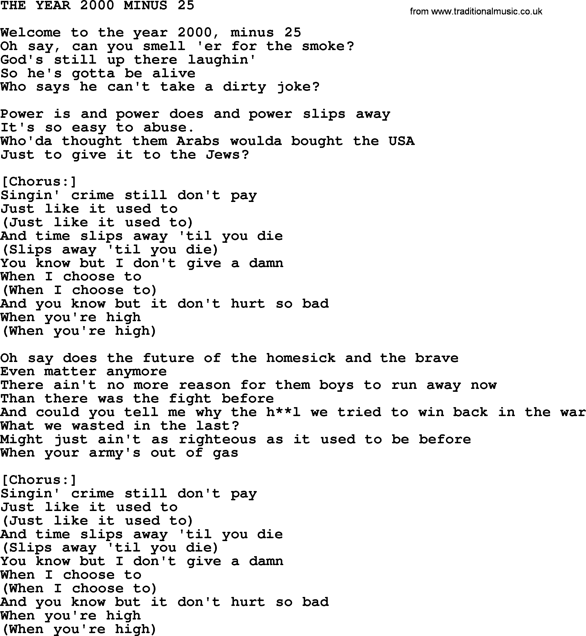 Kris Kristofferson song: The Year 2000 Minus 25 lyrics
