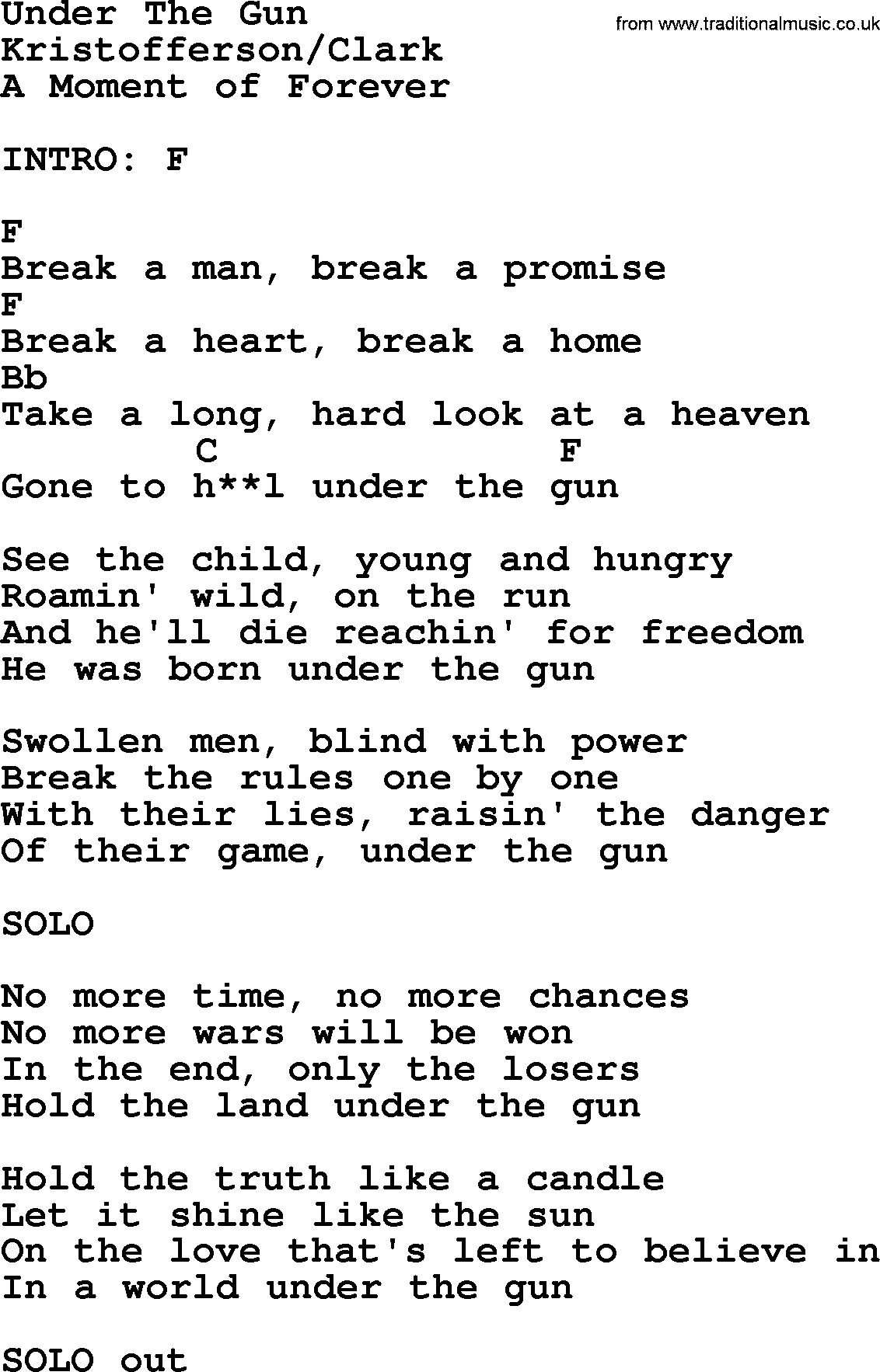 Kris Kristofferson song: Under The Gun lyrics and chords