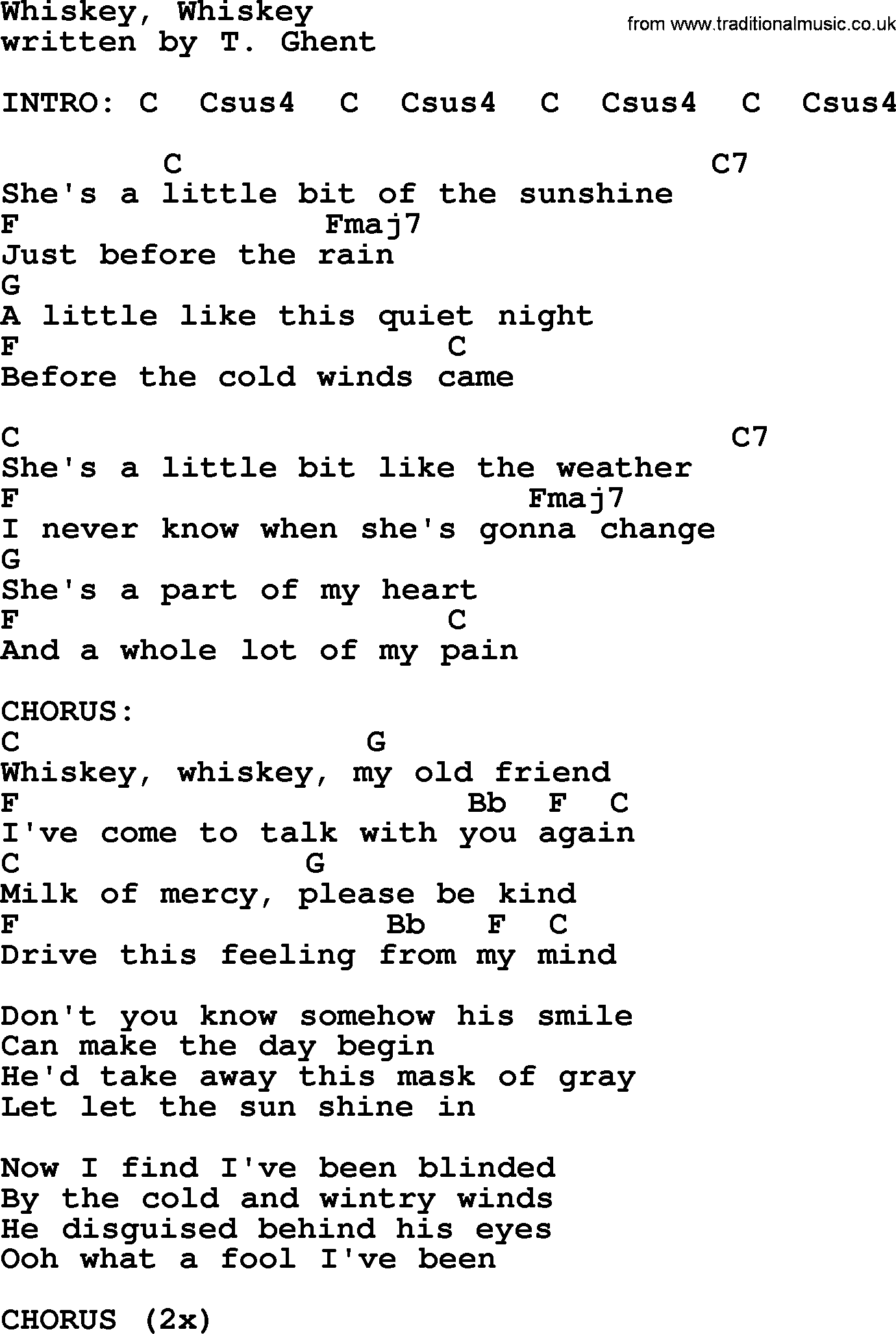 Kris Kristofferson song: Whiskey, Whiskey lyrics and chords