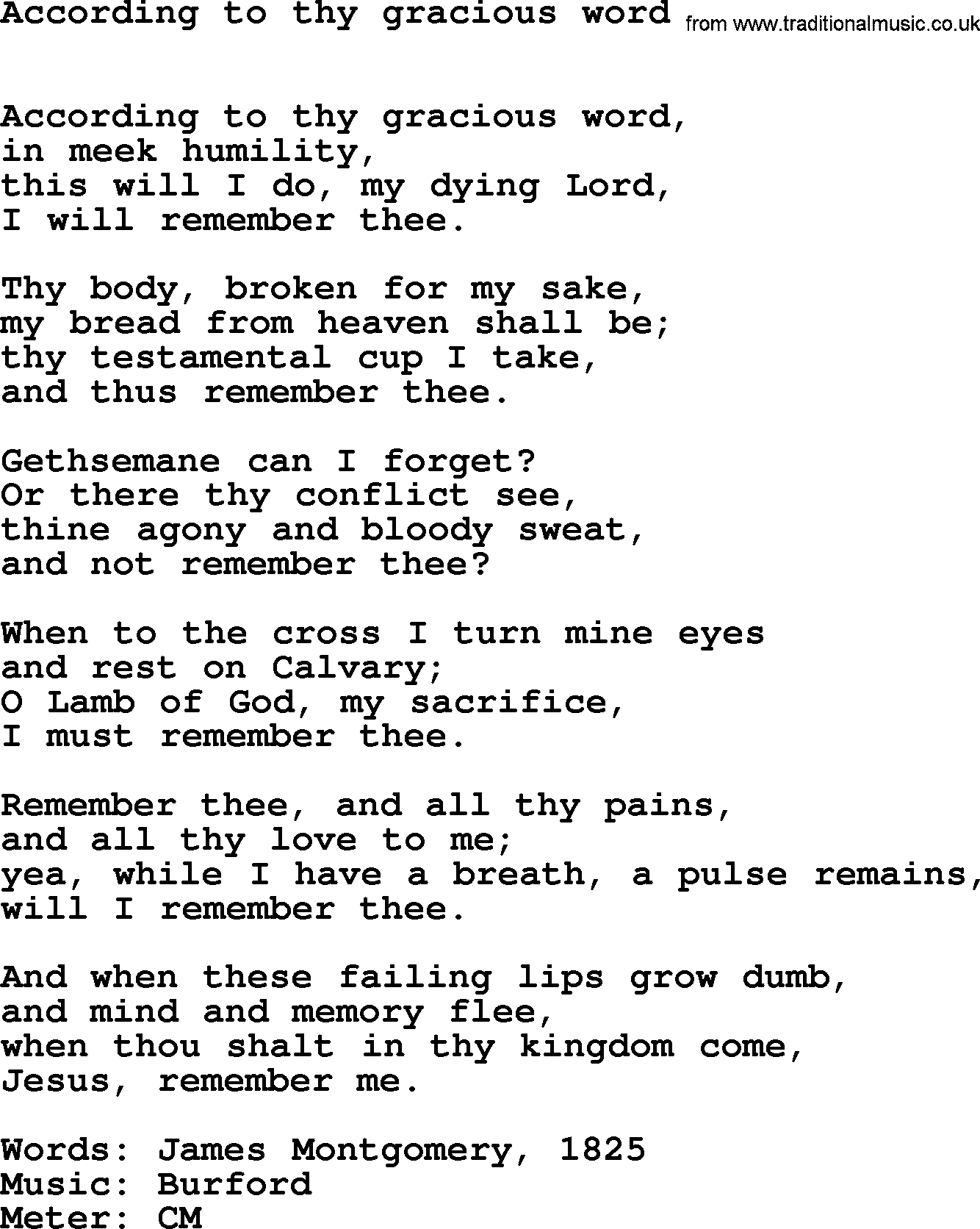 Lent Hymns, Hymn: According To Thy Gracious Word, lyrics with PDF an midi music
