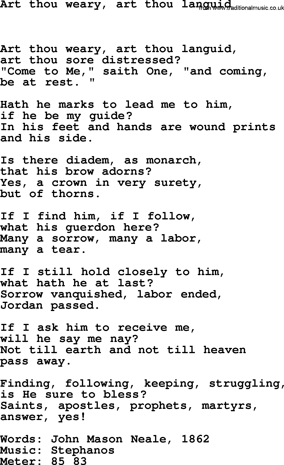 Lent Hymns, Hymn: Art Thou Weary, Art Thou Languid, lyrics with PDF an midi music