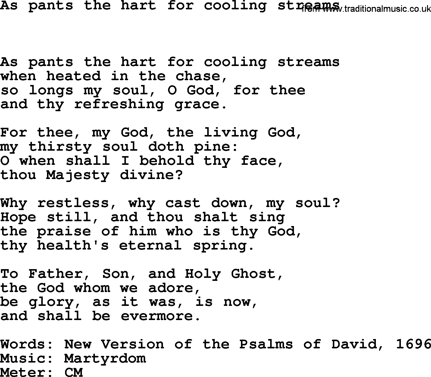 Lent Hymns, Hymn: As Pants The Hart For Cooling Streams, lyrics with PDF an midi music