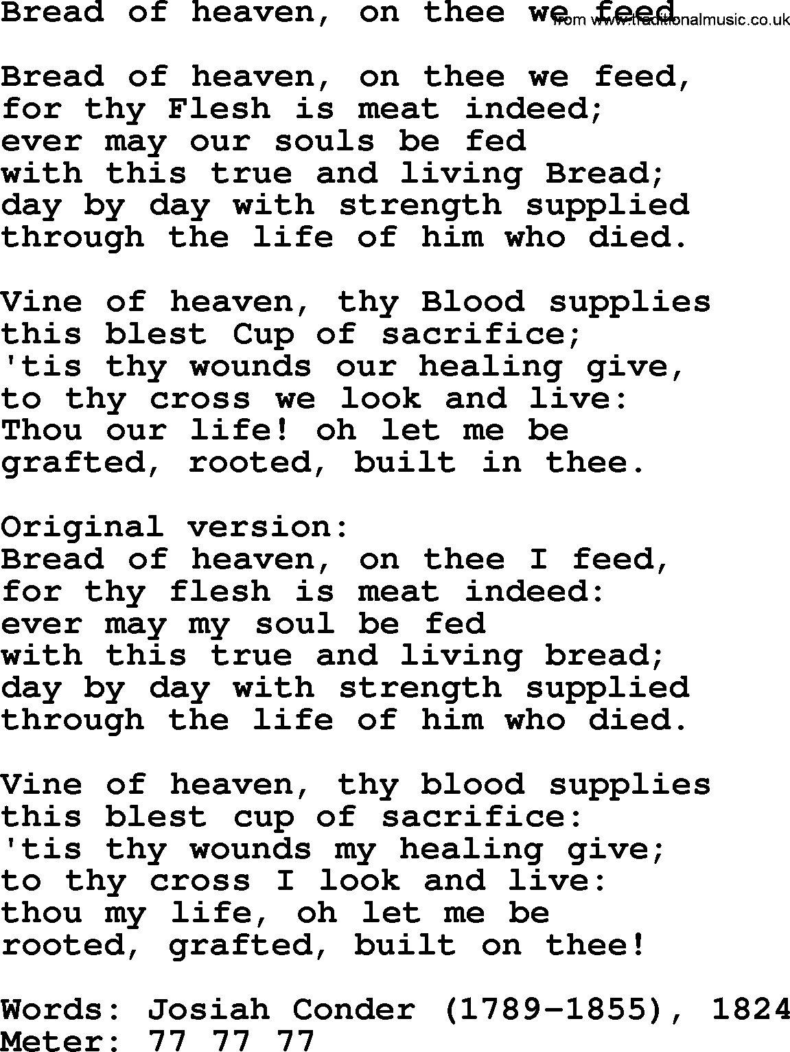Lent Hymns, Hymn: Bread Of Heaven, On Thee We Feed, lyrics with PDF an midi music