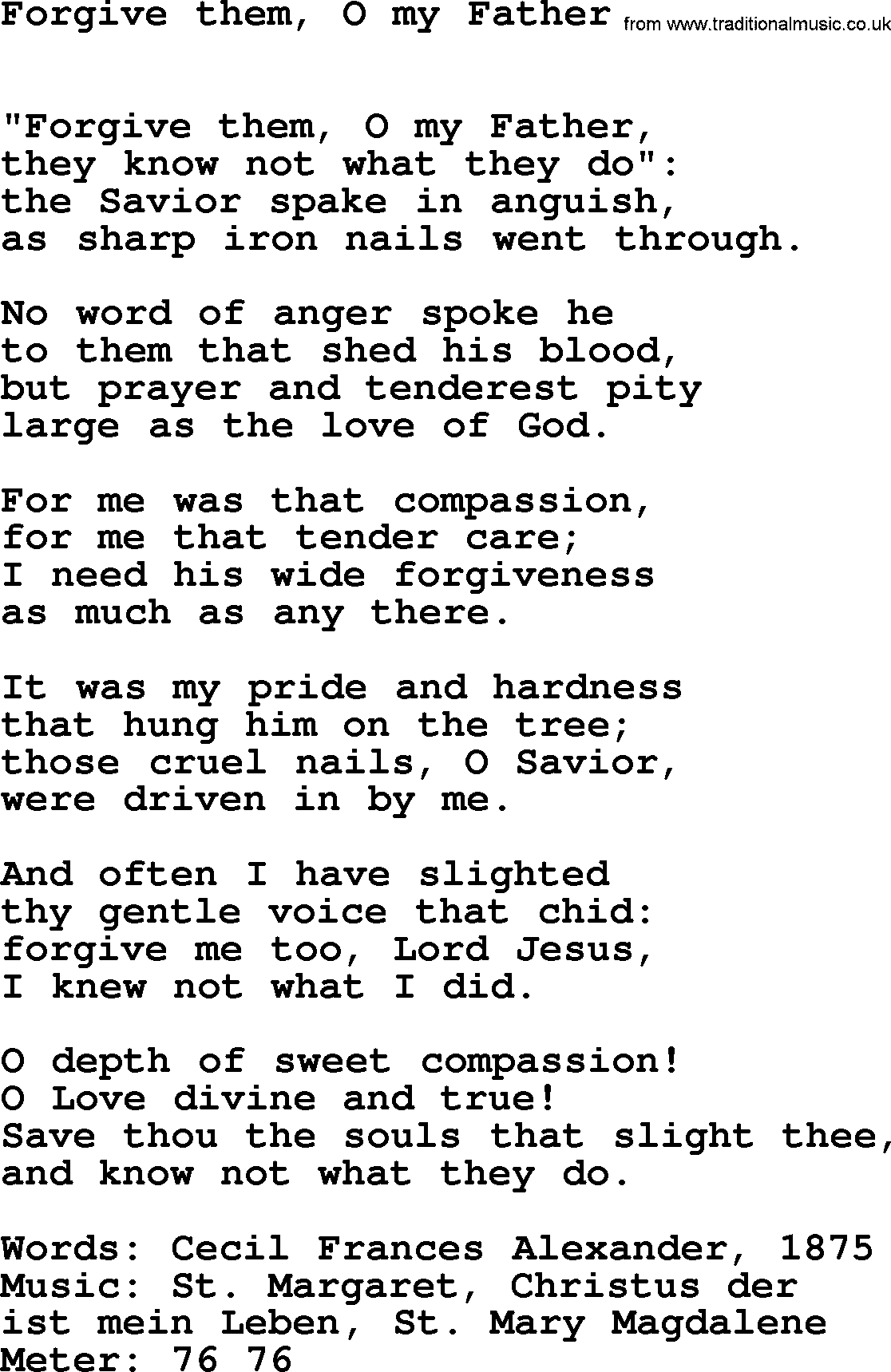 Lent Hymns, Hymn: Forgive Them, O My Father, lyrics with PDF an midi music