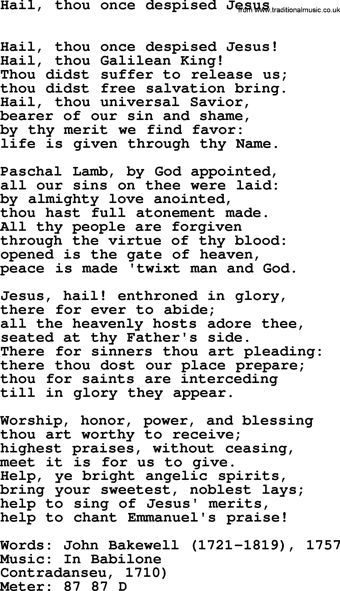 Lent Hymns, Hymn: Hail, Thou Once Despised Jesus, lyrics with PDF an midi music