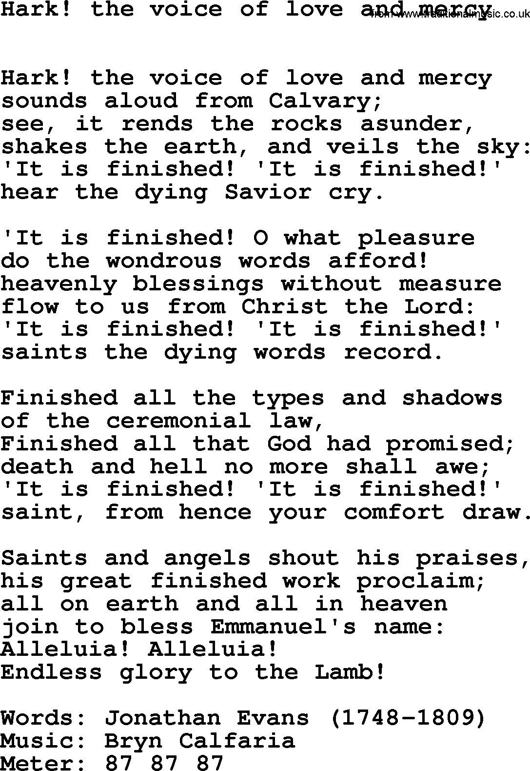 Lent Hymns, Hymn: Hark! The Voice Of Love And Mercy, lyrics with PDF an midi music