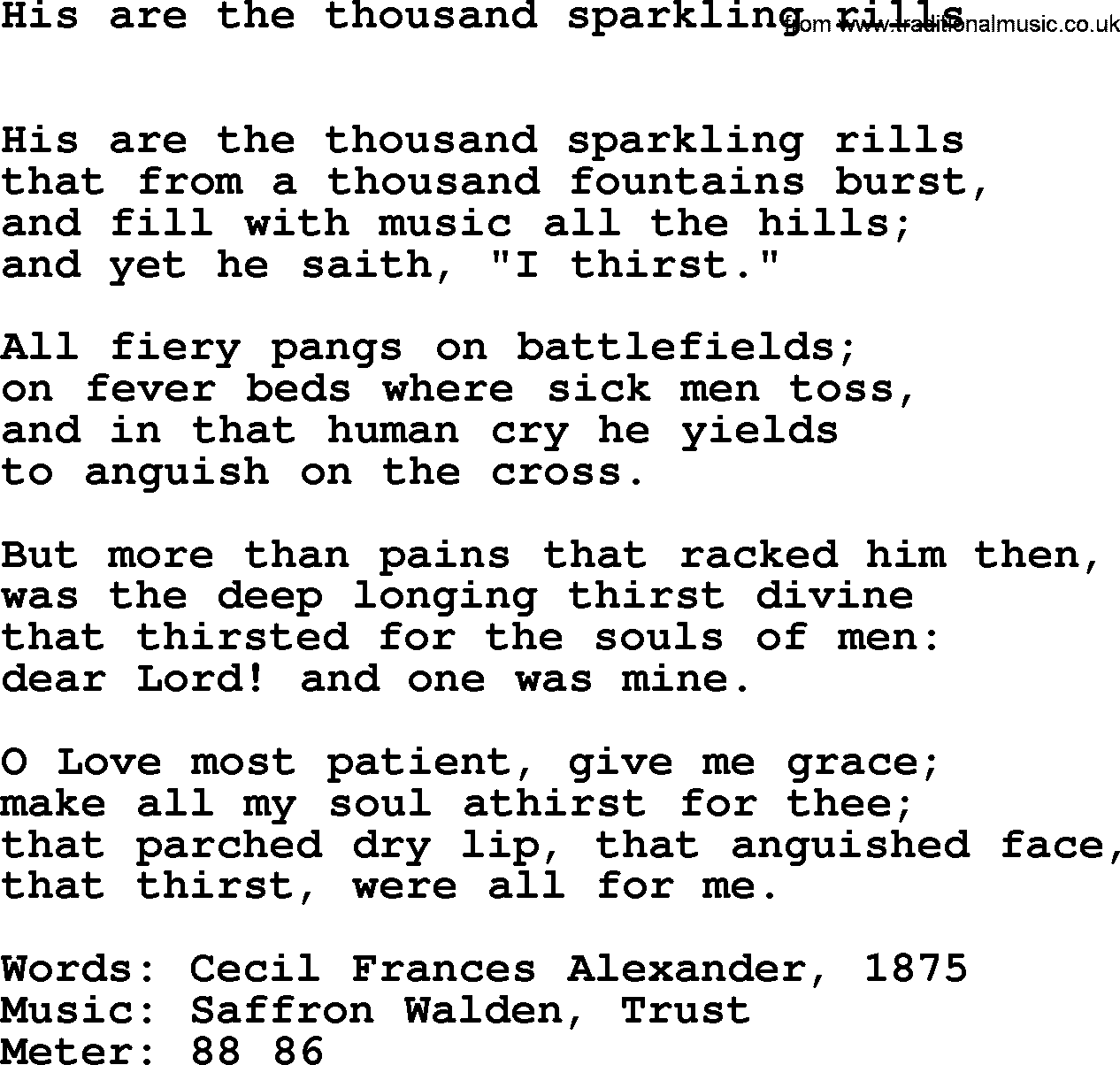 Lent Hymns, Hymn: His Are The Thousand Sparkling Rills, lyrics with PDF an midi music