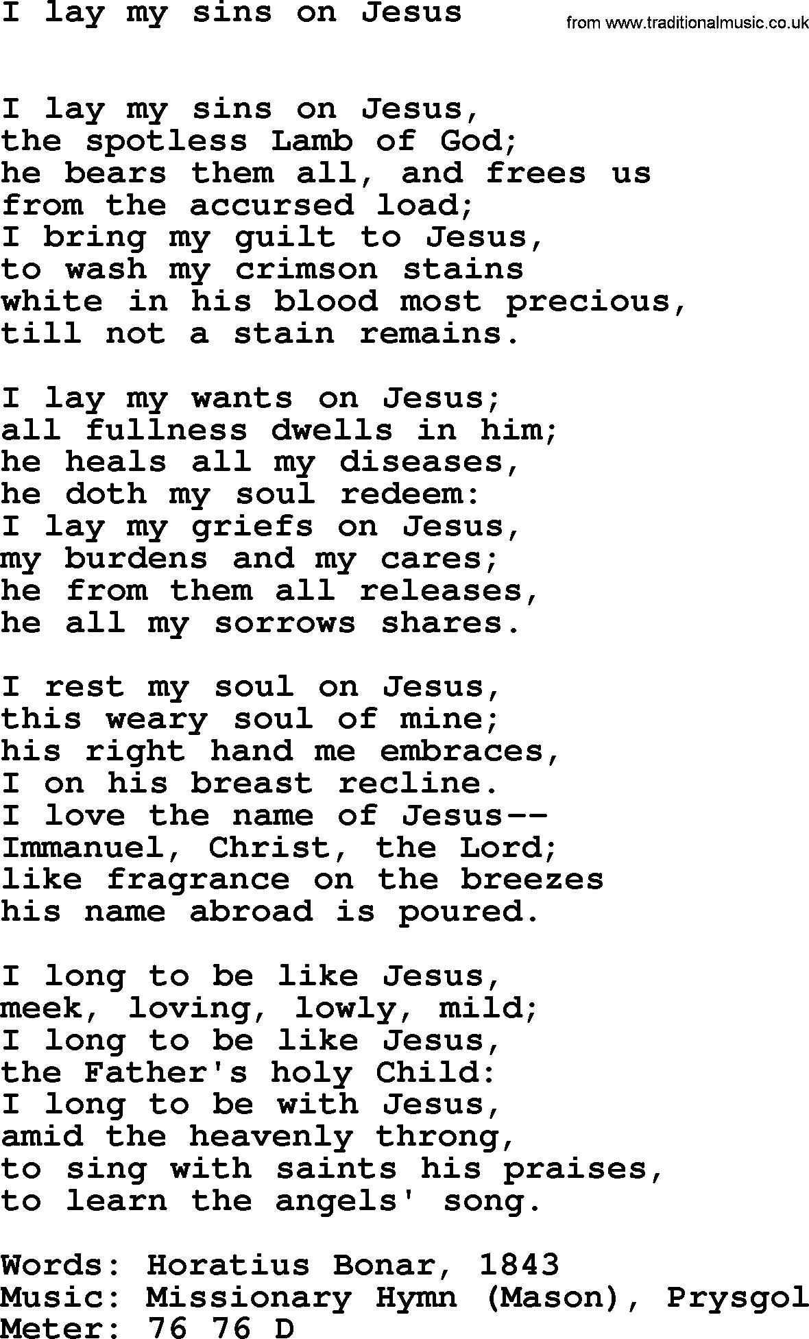 Lent Hymns, Hymn: I Lay My Sins On Jesus, lyrics with PDF an midi music