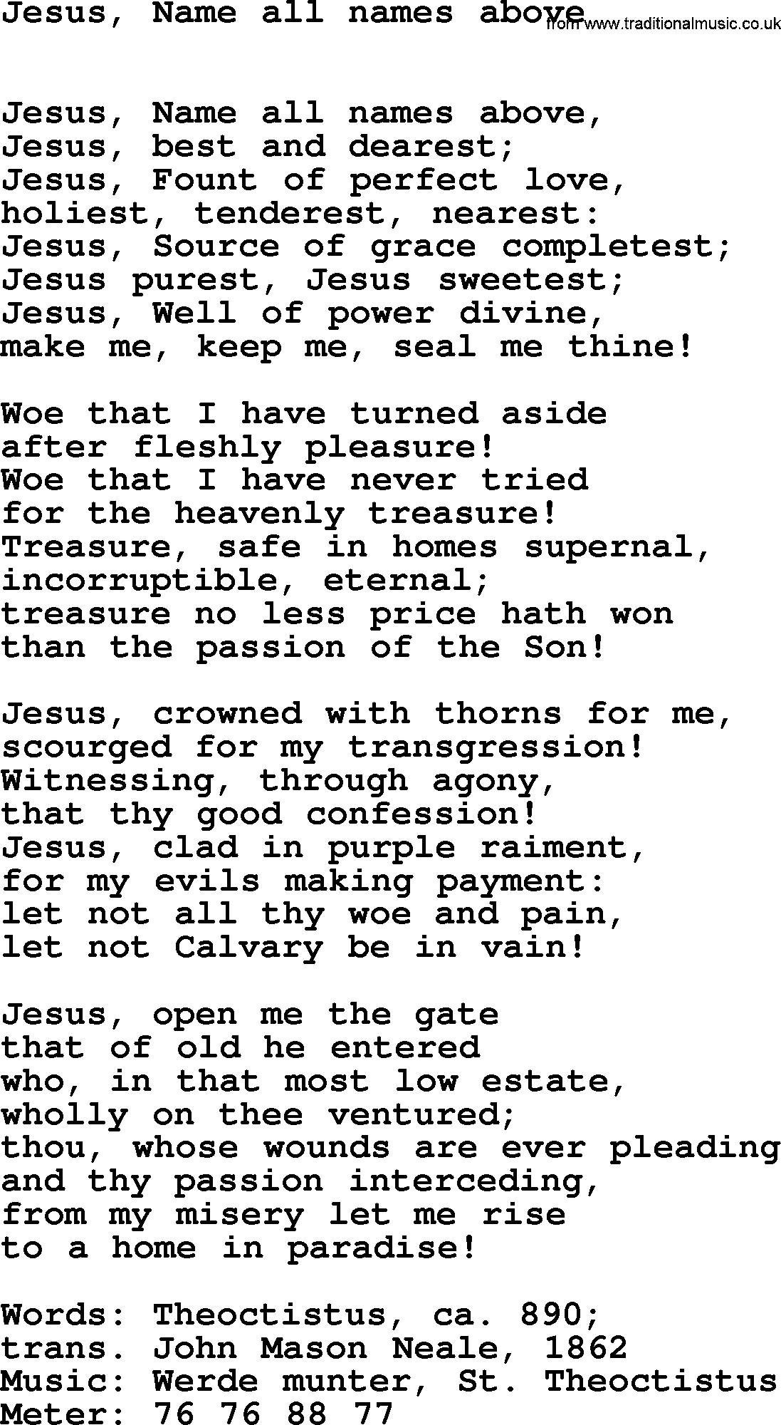 Lent Hymns, Hymn: Jesus, Name All Names Above, lyrics with PDF an midi music