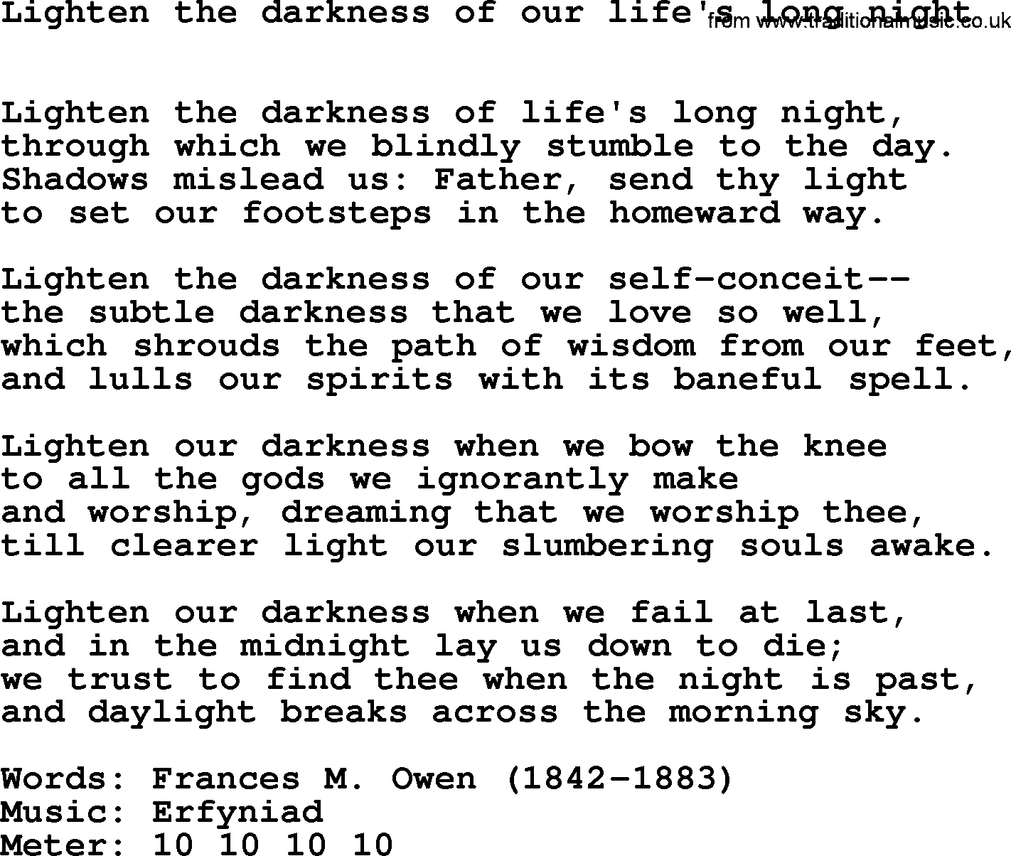 Lent Hymns, Hymn: Lighten The Darkness Of Our Life's Long Night, lyrics with PDF an midi music