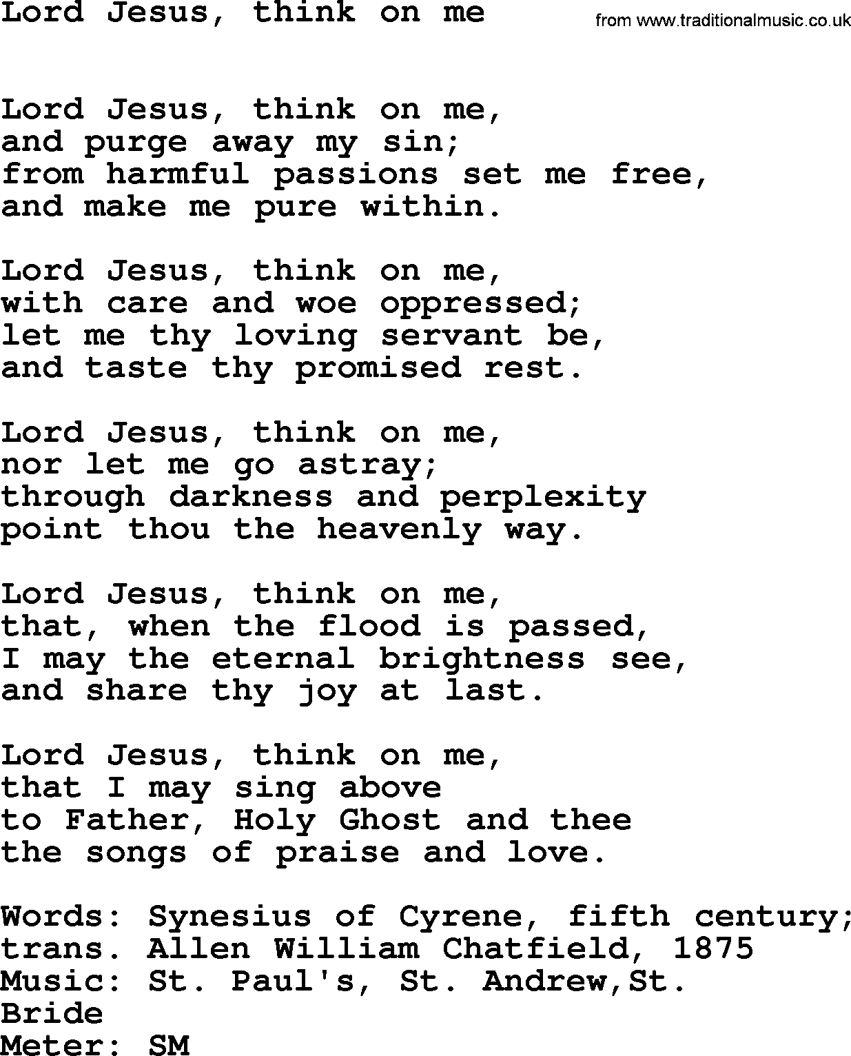 Lent Hymns, Hymn: Lord Jesus, Think On Me, lyrics with PDF an midi music