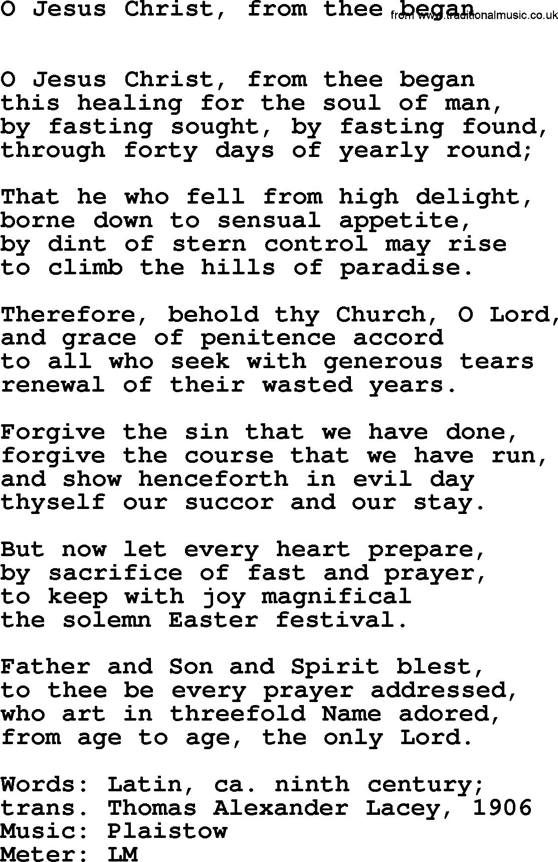 Lent Hymns, Hymn: O Jesus Christ, From Thee Began, lyrics with PDF an midi music