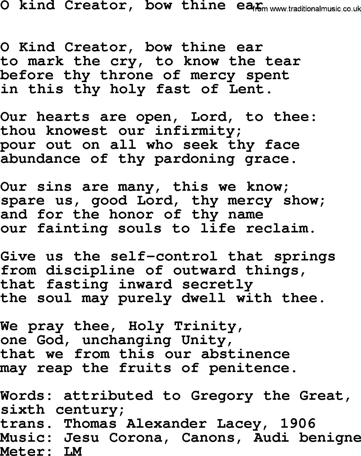 Lent Hymns, Hymn: O Kind Creator, Bow Thine Ear, lyrics with PDF an midi music