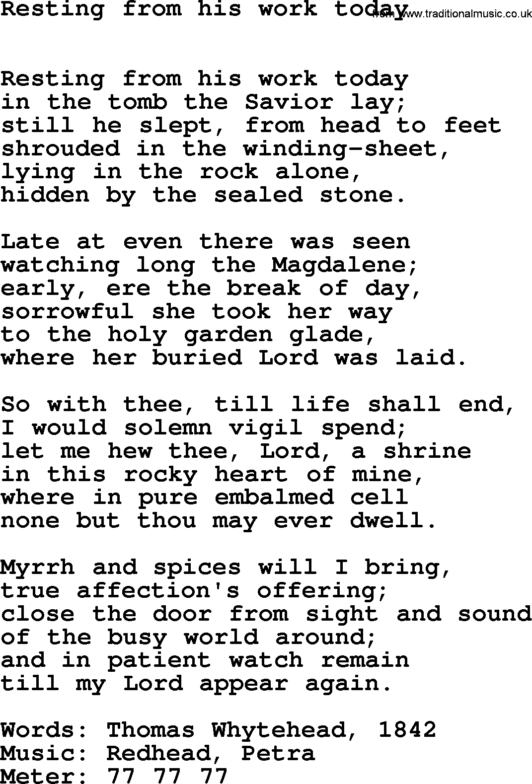 Lent Hymns, Hymn: Resting From His Work Today, lyrics with PDF an midi music