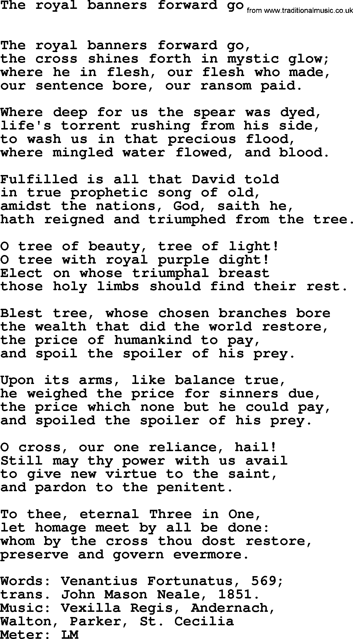 Lent Hymns, Hymn: The Royal Banners Forward Go, lyrics with PDF an midi music