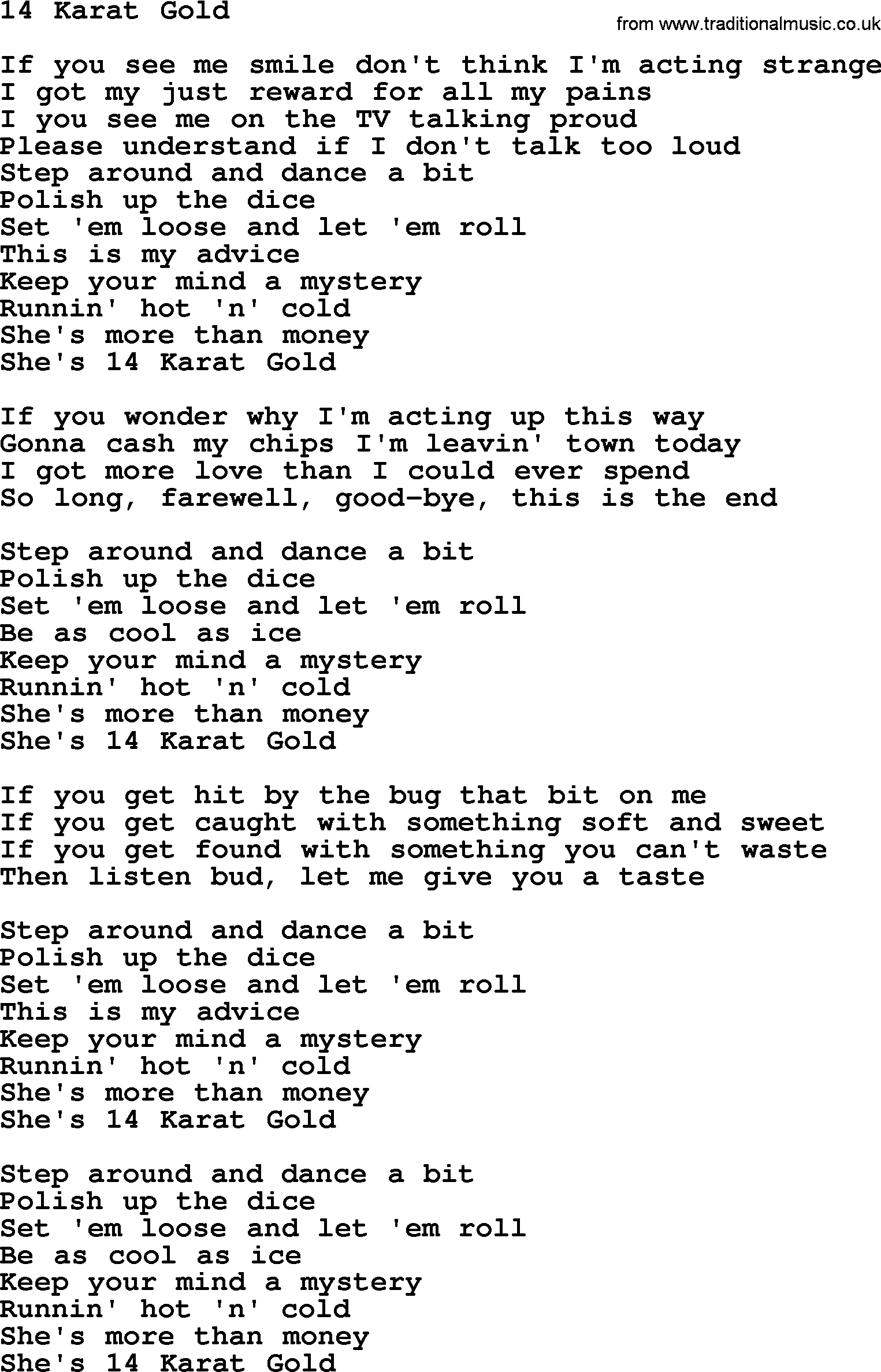 Gordon Lightfoot song 14 Karat Gold, lyrics