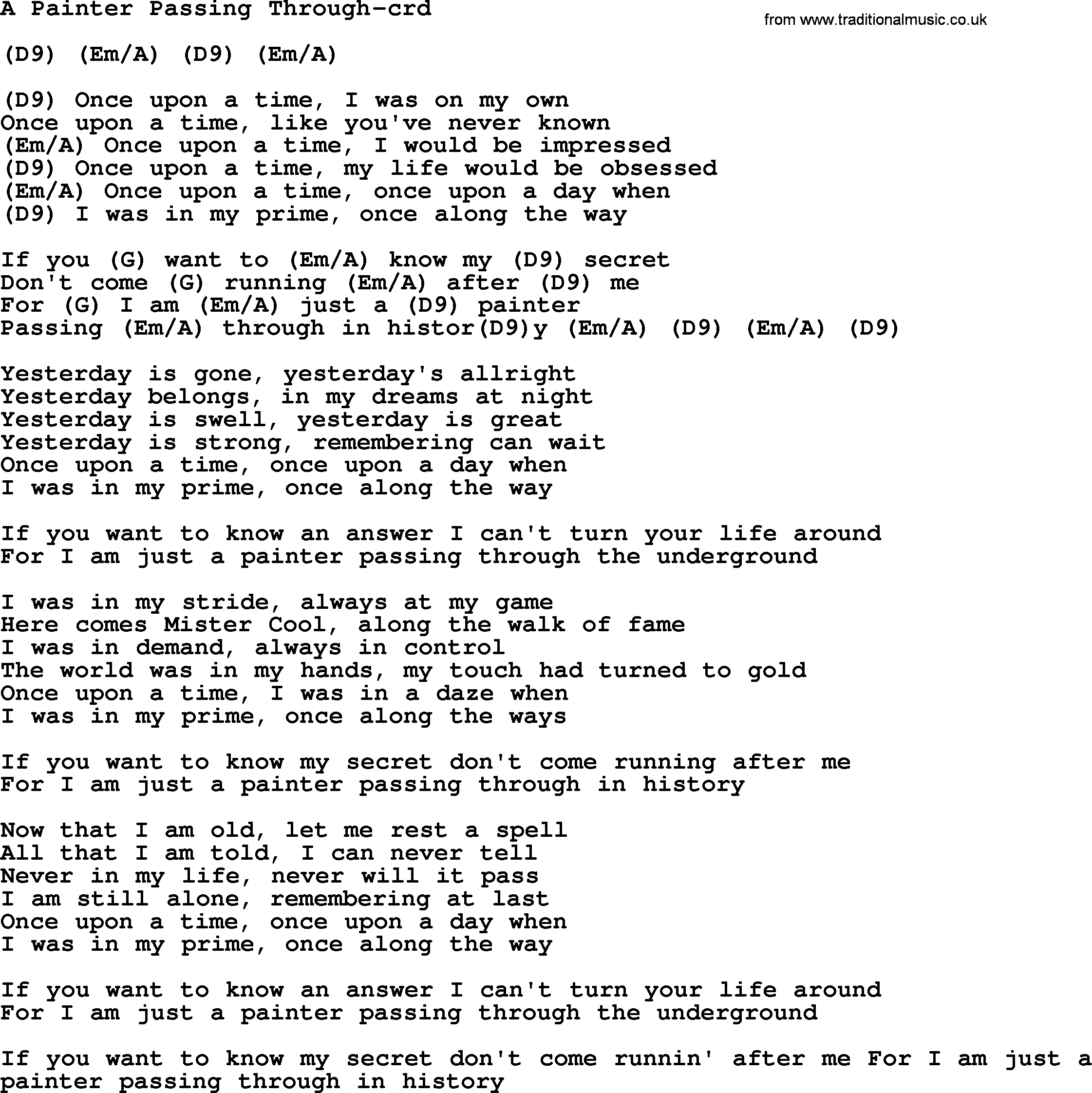 Gordon Lightfoot song A Painter Passing Through, lyrics and chords